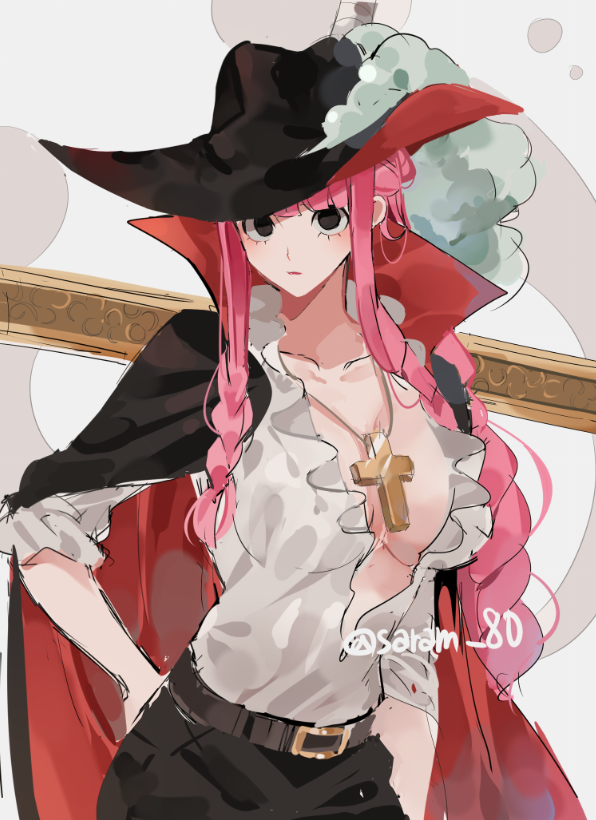 perona, one piece, tagme, alternate costume, cleavage, open shirt, pink hair, saram 80, 