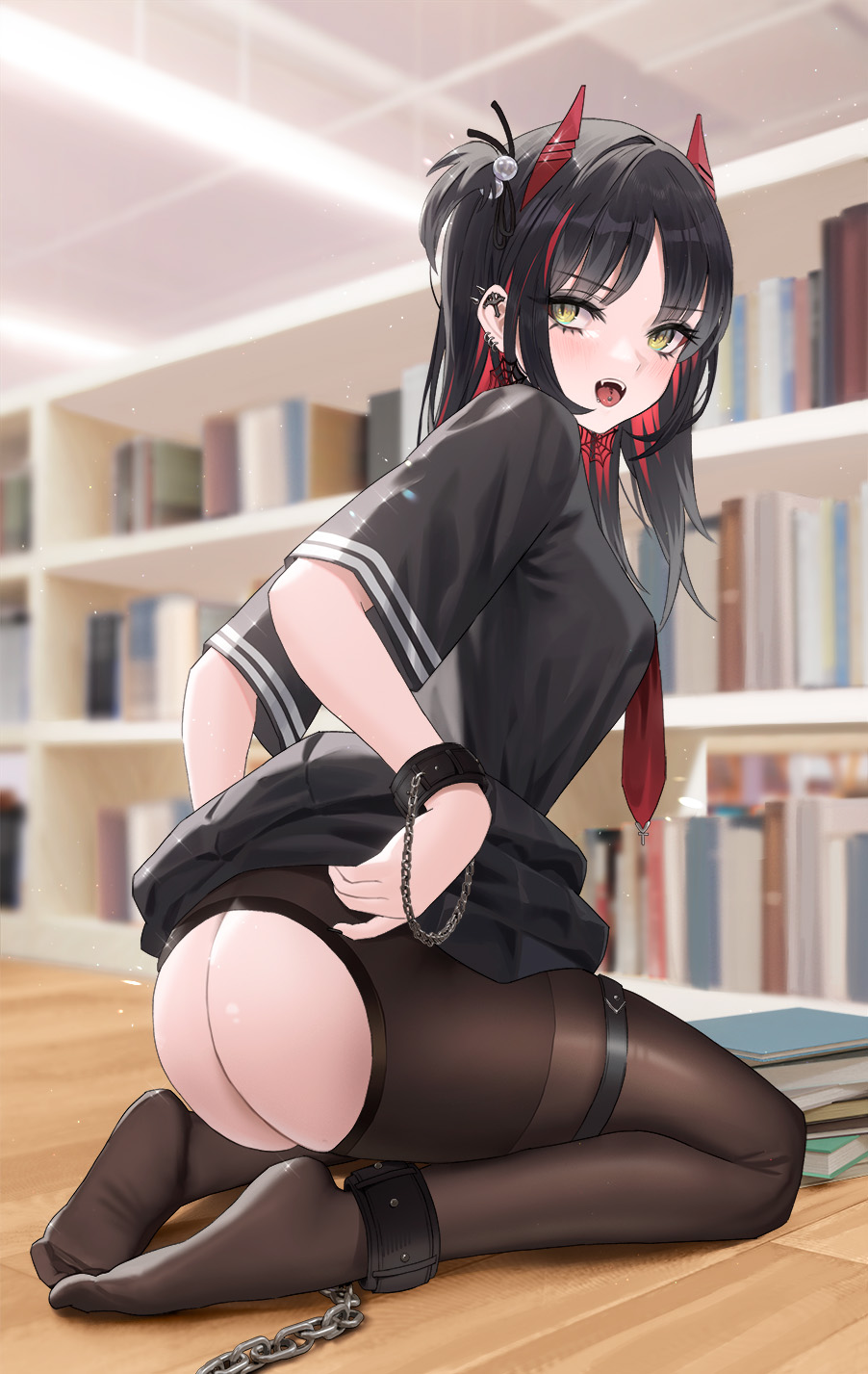 azur lane, 1girls, alternate costume, alternate hair length, alternate hairstyle, ankle cuffs, arms behind back, ass, ass cutout, black hair, black pantyhose, black ribbon, black serafuku, black shirt, black skirt, bookshelf, breasts, chains, cirilla lin, clothes lift, clothing cutout, cuffs, ear piercing, earrings, fang, fangs, feet, goth, hair ribbon, horns, indoors, jewelry, legs, library, lifted by self, looking at viewer, medium breasts, multicolored hair, multiple piercings, necktie, no panties, no shoes, on floor, open mouth, pantyhose, parted bangs, piercing, red hair, red horns, red necktie, ribbon, school uniform, serafuku, shirt, short sleeves, sidelocks, sitting, skirt, skirt lift, slit pupils, soles, thigh belt, thigh strap, thighs, toes, tongue, tongue piercing, tongue tattoo, two-tone hair, ulrich von hutten (azur lane), wooden floor, yellow eyes, 