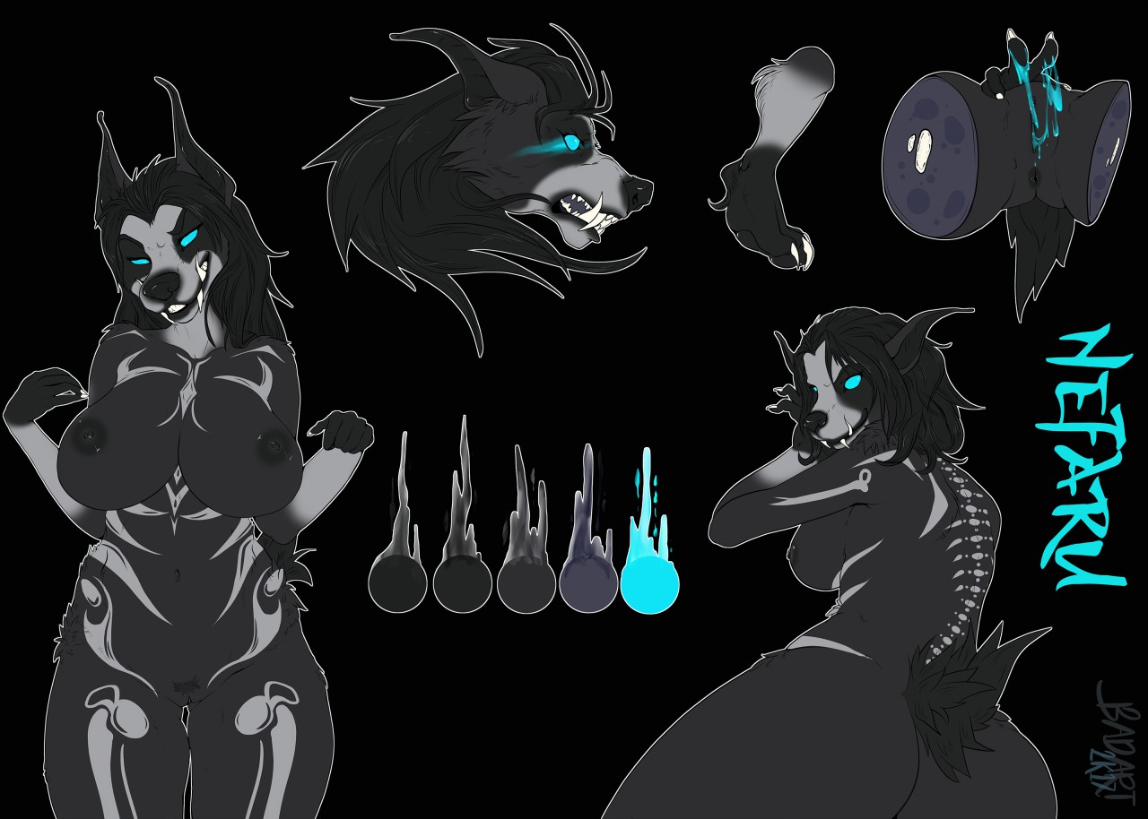 badart (artist), model sheet, anthro, big breasts, breasts, canine, female, looking at viewer, mammal, markings, nipple piercing, nipples, nude, piercing, pussy, pussy juice, slightly chubby, smile, solo, 