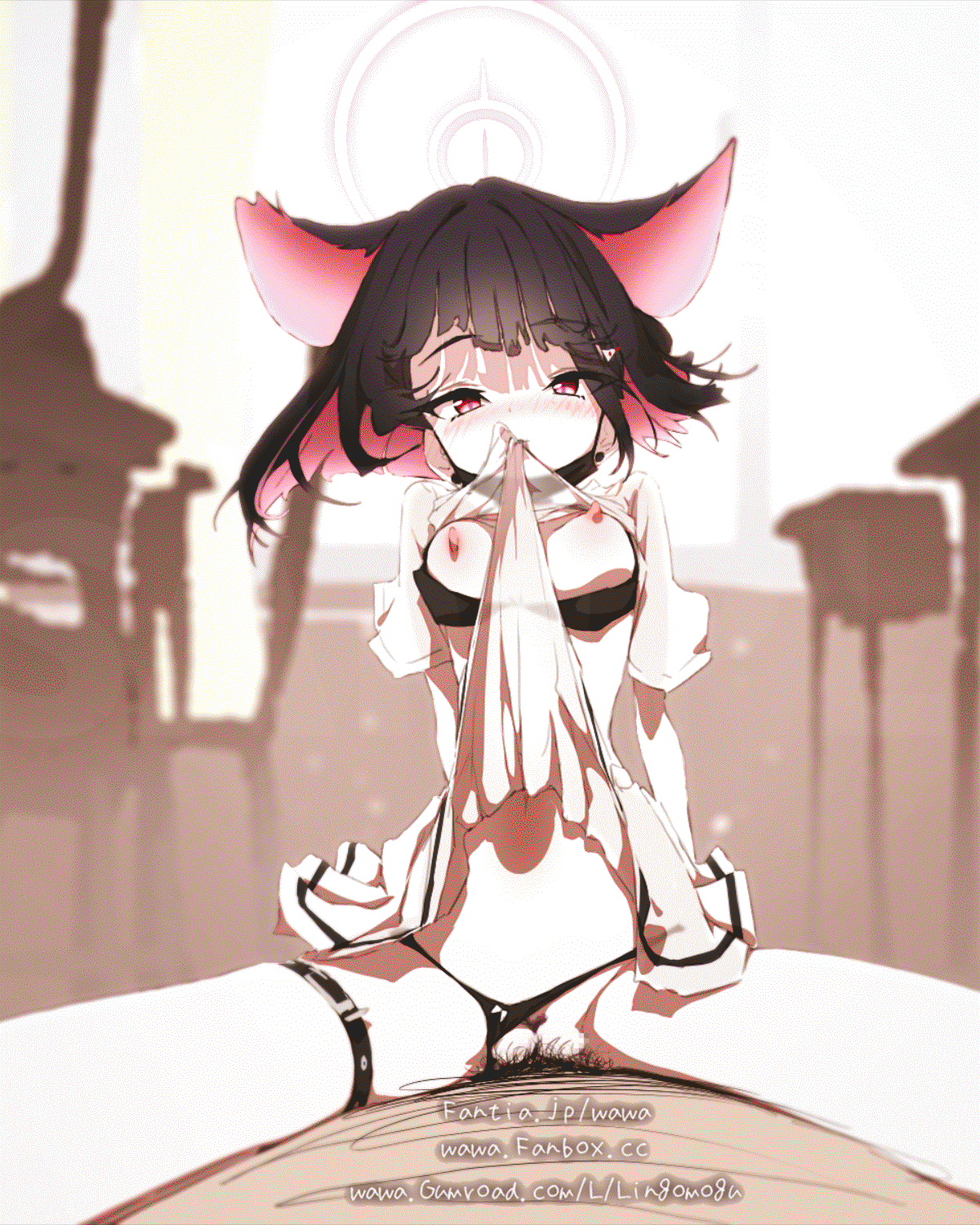 1boy 1girls 4:5 animal_ears animated black_bra black_hair black_panties blue_archive bra bra_pull breasts cat_ears cat_tail censored clothes_lift clothes_pull clothing_aside colored_inner_hair commentary_request cowgirl_position female highres kazusa_(blue_archive) looking_at_viewer looping_animation male mosaic_censoring mouth_hold multicolored_hair nipples paid_reward_available panties panties_aside pink_eyes pink_hair pov pov_crotch pussy see-through see-through_shirt see-through_skirt sex shirt short_sleeves skindentation skirt skirt_lift small_breasts straddling straight tail thigh_strap thighs two-tone_hair underwear vaginal_penetration vertical_video wawa_(lingomogu) web_address white_shirt white_skirt