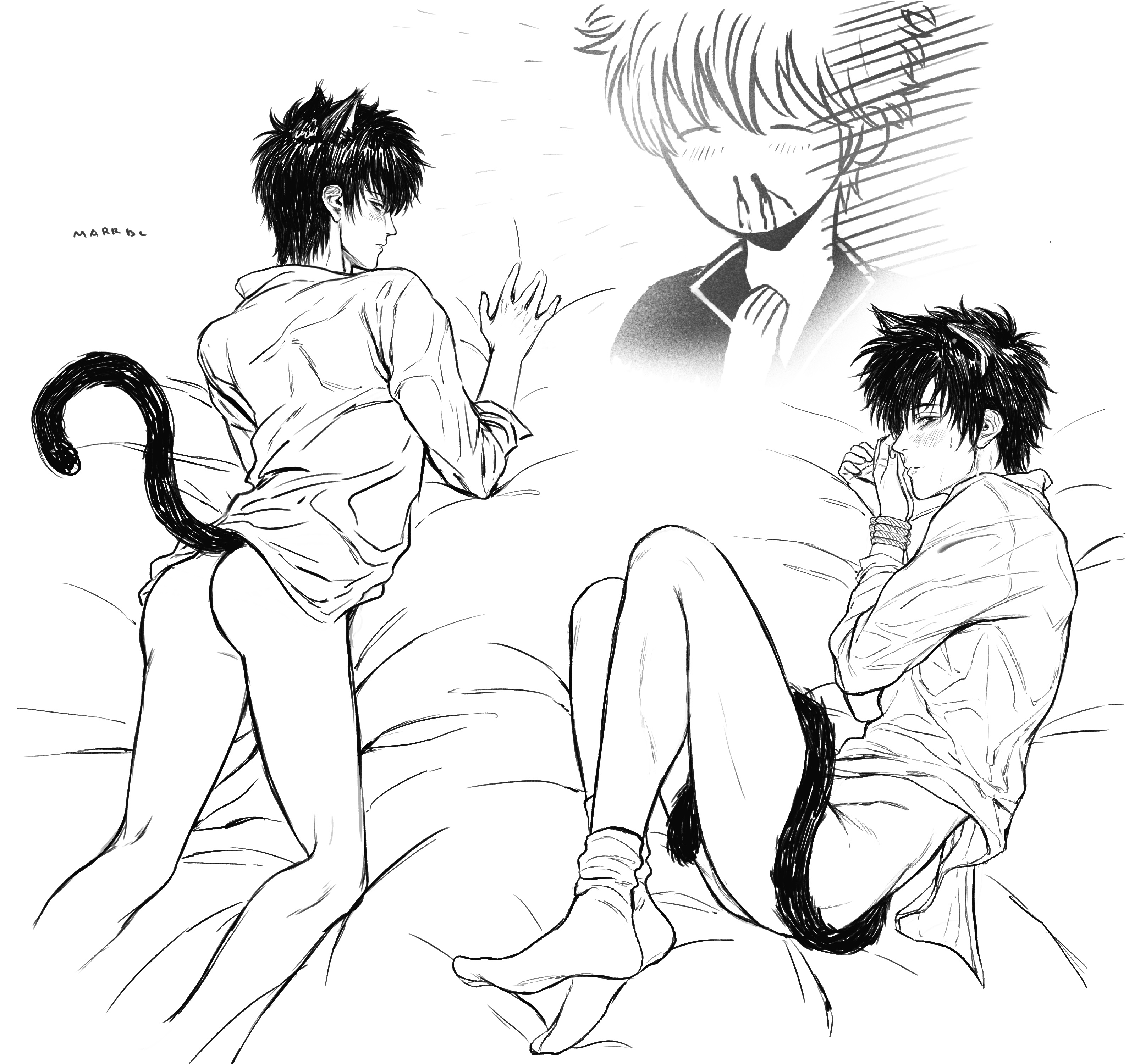 gintoki sakata, <b>gintama</b>, line art, monochrome, 2boys, animal ears, blush, b...