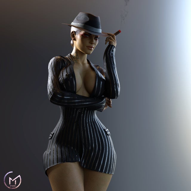 loba, apex legends, 3d, big breasts, cigar, cleavage, dark-skinned female, gm studios, hat, loba (apex legends), loba andrade, respawn entertainment, skirt, suit, tattoo, two tone hair, 