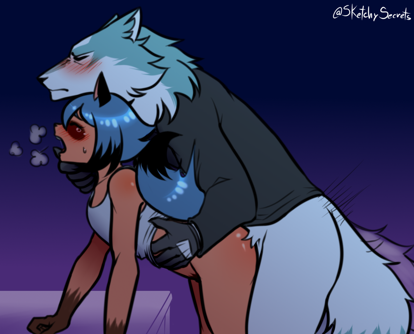 michiru kagemori, shirou ogami, brand new animal, studio trigger, 2020, 5 fingers, ambiguous penetration, anthro, anthro on anthro, black body, black fur, black hair, blue body, blue eyes, blue fur, blue hair, blush, bodily fluids, brown body, brown fur, canid, canine, canis, closed eyes, clothed, clothing, duo, female, female penetrated, fingers, fluffy, fluffy tail, fur, gloves, gloves (marking), hair, handwear, male, male/female, male penetrating, male penetrating female, mammal, markings, multicolored body, multicolored fur, multicolored hair, open mouth, penetration, raccoon dog, secretowo, sex, shirt, sweat, tank top, tanuki, topwear, white body, white fur, wolf, 