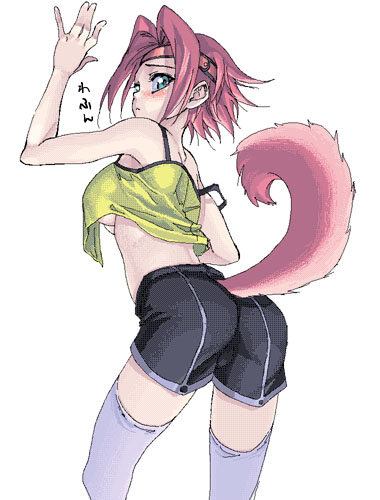 as-special, satou atsuki, kallen stadtfeld, code geass, lowres, blue eyess, female, headband, looking back, red hair, short hair, tail, thighhighs, 