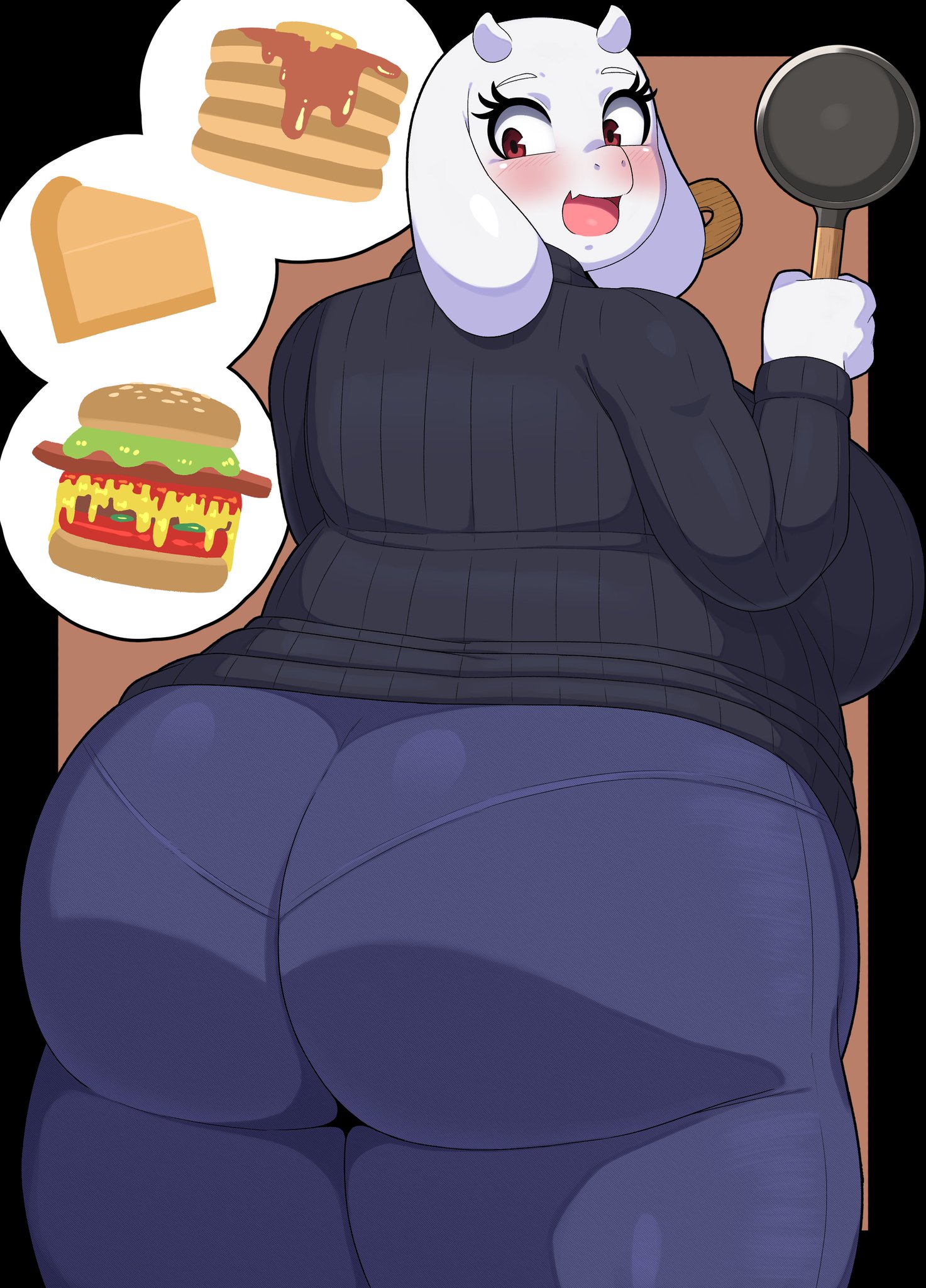 toriel, deltarune, undertale, ass, ass focus, bbw, big breasts, big sweater, blush, breakfast, burger, butt focus, cake, donut, female, female only, food, frying pan, fully clothed, goat, goat girl, happy, holding object, huge ass, huge breasts, huge butt, imminent sex, jeans, looking at viewer, looking back, pancake, panties visible through clothing, sweater, teasing, teasing viewer, wanting sex, 
