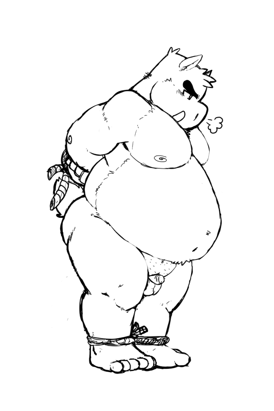 fatyogi, 2013, simple background, anthro, balls, belly, bound, genitals, male, mammal, moobs, navel, nipples, overweight, overweight male, penis, rope, small penis, solo, suid, suina, sus (pig), wild boar, 