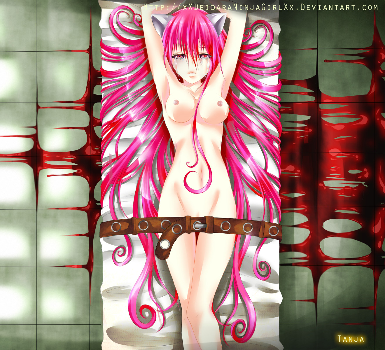 tanja, lucy (elfen lied), elfen lied, 1girls, bound, crying, female, female only, horns, long hair, pink hair, red eyes, restrained, solo, very long hair, xxdeidaraninjagirlxx, 