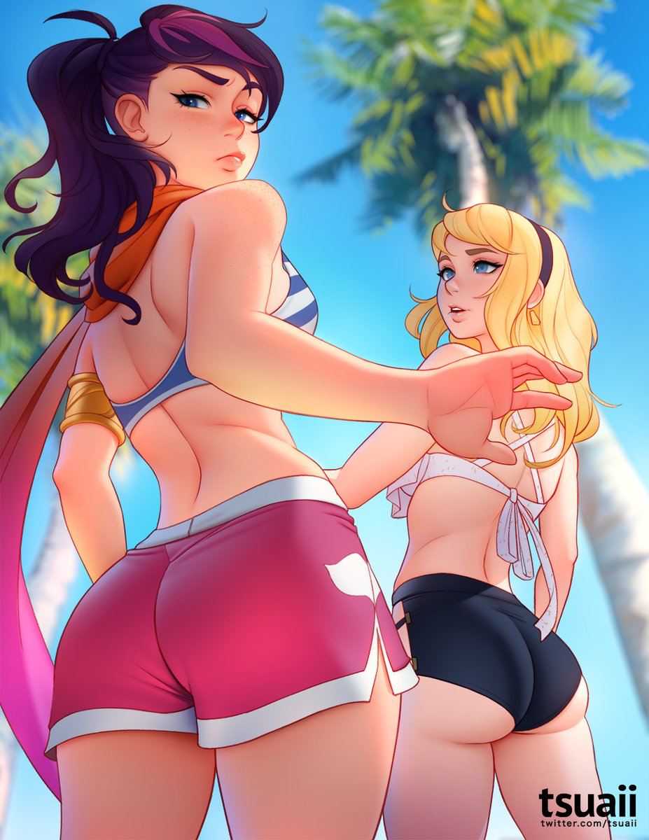 tsuaii, fiora laurent, luxanna crownguard, league of legends, riot games, 2d, 2d (artwork), hi res, highres, 2girls, ass, ass cheeks, back, back view, bare arms, bare back, bare shoulders, bare thighs, bikini top, blonde female, blonde hair, blue eyes, booty shorts, clothed, clothed female, female, female focus, female only, long hair, looking at another, looking at viewer, looking back, ponytail, purple hair, shorts, thick, thick ass, tied hair, 