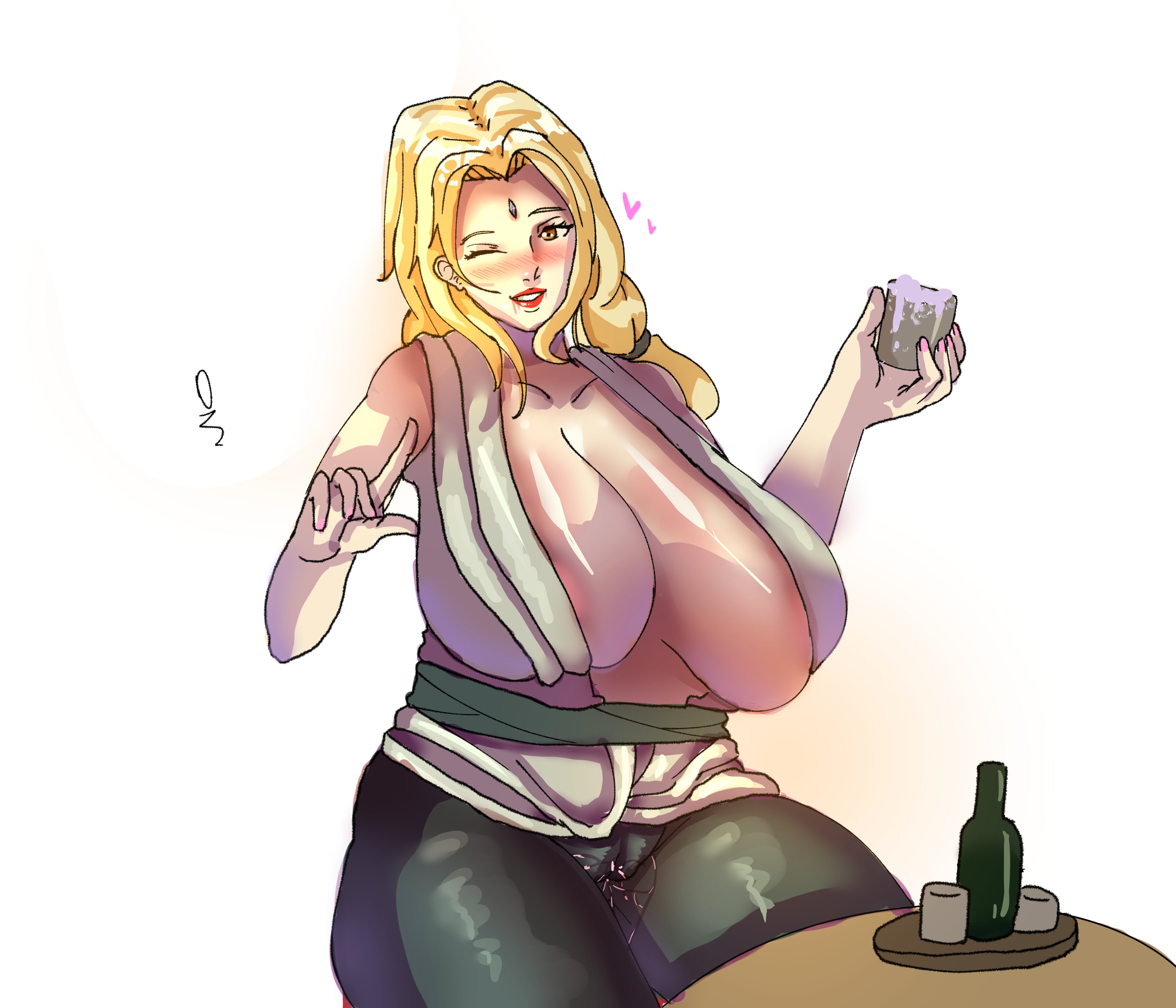 tsunade, naruto, naruto (series), naruto shippuden, shounen jump, alternate version available, 1girls, areolae, bbw, big breasts, blonde hair, blush, breasts out, breasts outside, busty, cameltoe, cleavage, clothed, clothing, drinking, drunk, female, female focus, female only, forehead jewel, forehead mark, large areolae, large breasts, lips, lipstick, looking at viewer, mature, mature female, milf, nail polish, naruto (classic), no bra, nose blush, one eye closed, open clothes, open shirt, painted nails, pale-skinned female, pale skin, pink nail polish, pink nails, pussy, pussy juice, pussy juice drip, red lips, red lipstick, sitting, solo, solo female, solo focus, tight clothing, tight pants, voluptuous, wink, yellow hair, zerin, 