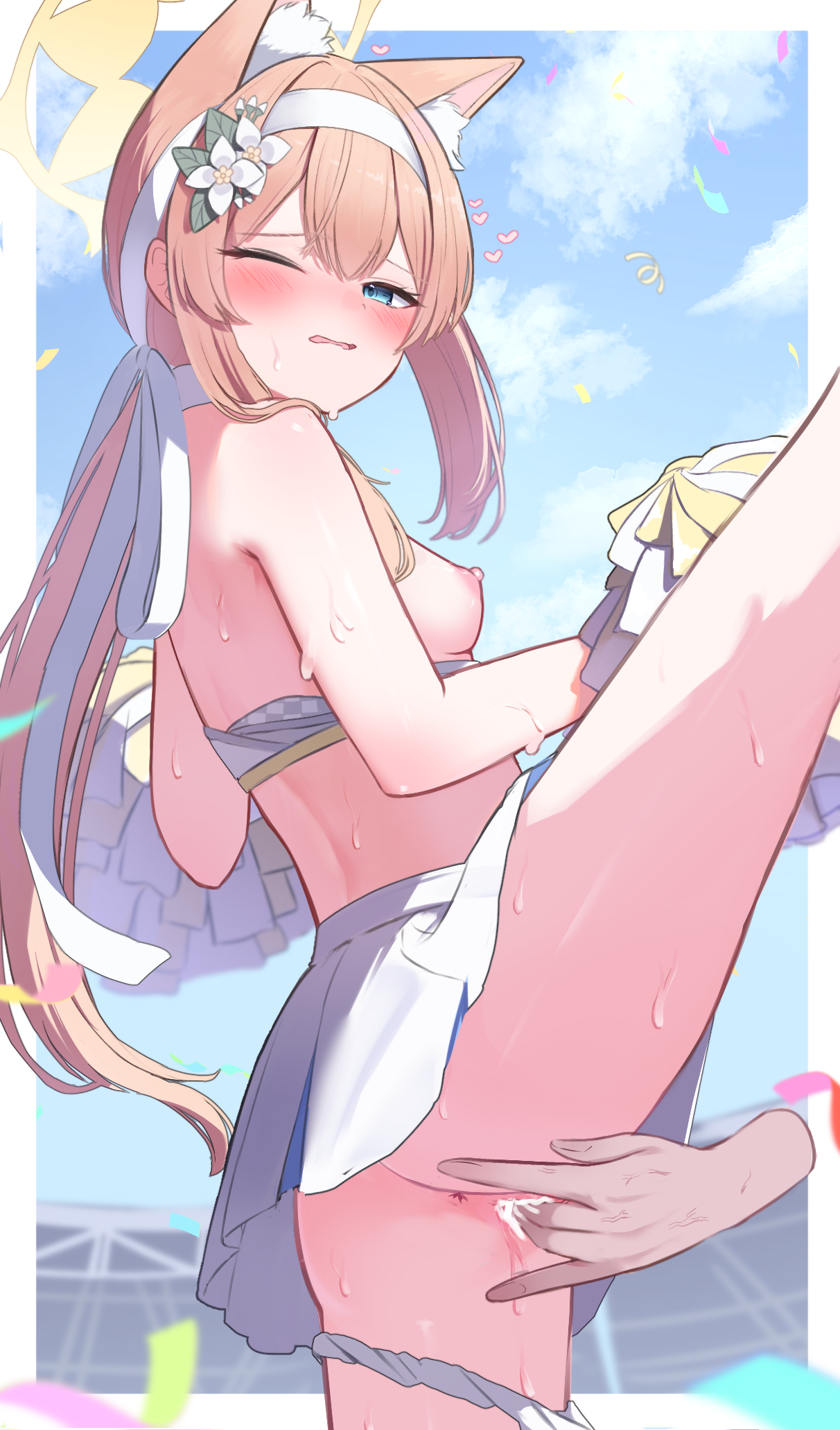 animal_ear_fluff animal_ears anus ass blue_archive blue_eyes blue_sky blush border breasts cheerleader cloud commentary_request confetti day disembodied_hand double-parted_bangs female fingering flower furrowed_brow hair_flower hair_ornament hairband half-closed_eye halo heart highres holding holding_pom_poms leg_up long_hair looking_at_viewer low_ponytail mari_(blue_archive) medium_breasts millennium_cheerleader_outfit_(blue_archive) miniskirt nipples one_eye_closed orange_hair outdoors outside_border paid_reward_available panties panties_around_one_leg parted_lips pleated_skirt pom_pom_(cheerleading) pussy pussy_juice skirt sky standing standing_on_one_leg sweat takeroku turning_head underwear vaginal_penetration very_long_hair wavy_mouth white_border white_flower white_hairband white_panties white_skirt yellow_halo