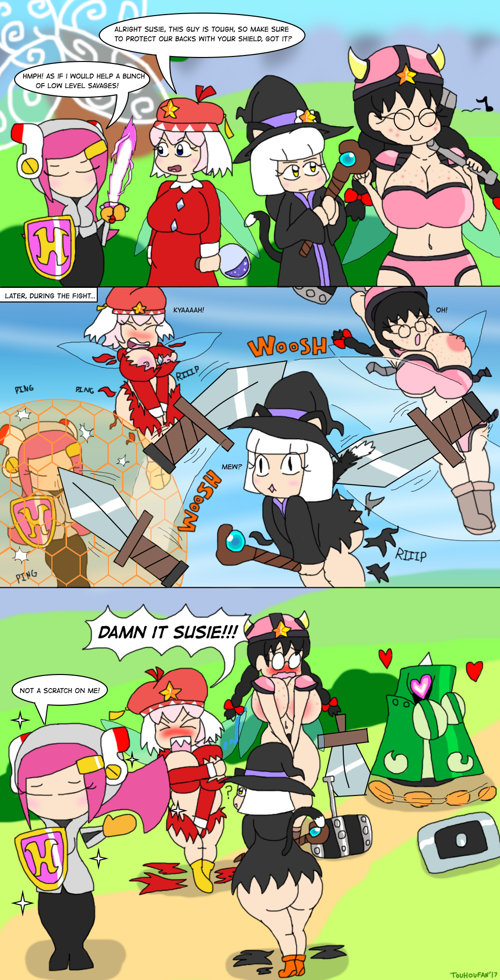 4girls ass ass_focus barbarian barrier big_ass big_breasts big_butt big_thighs black_hair breasts cat_ears cat_girl cat_tail catgirl comic_page excited exposed fairy fairy_queen fairy_wings female freckles gigant_edge hammer keke_(kirby) kirby_(series) kirby_64 kirby_64:_the_crystal_shards kirby_dreamland_3 kirby_planet_robobot medieval medieval_weapon neko nintendo outdoors pink_hair potion_bottle queen_ripple red_clothing ribbon_(kirby) ripping_clothing round_glasses shield sorceress speech_bubble speech_bubbles susanna_patrya_haltmann susie_(kirby) sword swords tagme team_kirby_clash_deluxe text text_box text_bubble touhoufan voluptuous voluptuous_female white_hair witch witch_hat