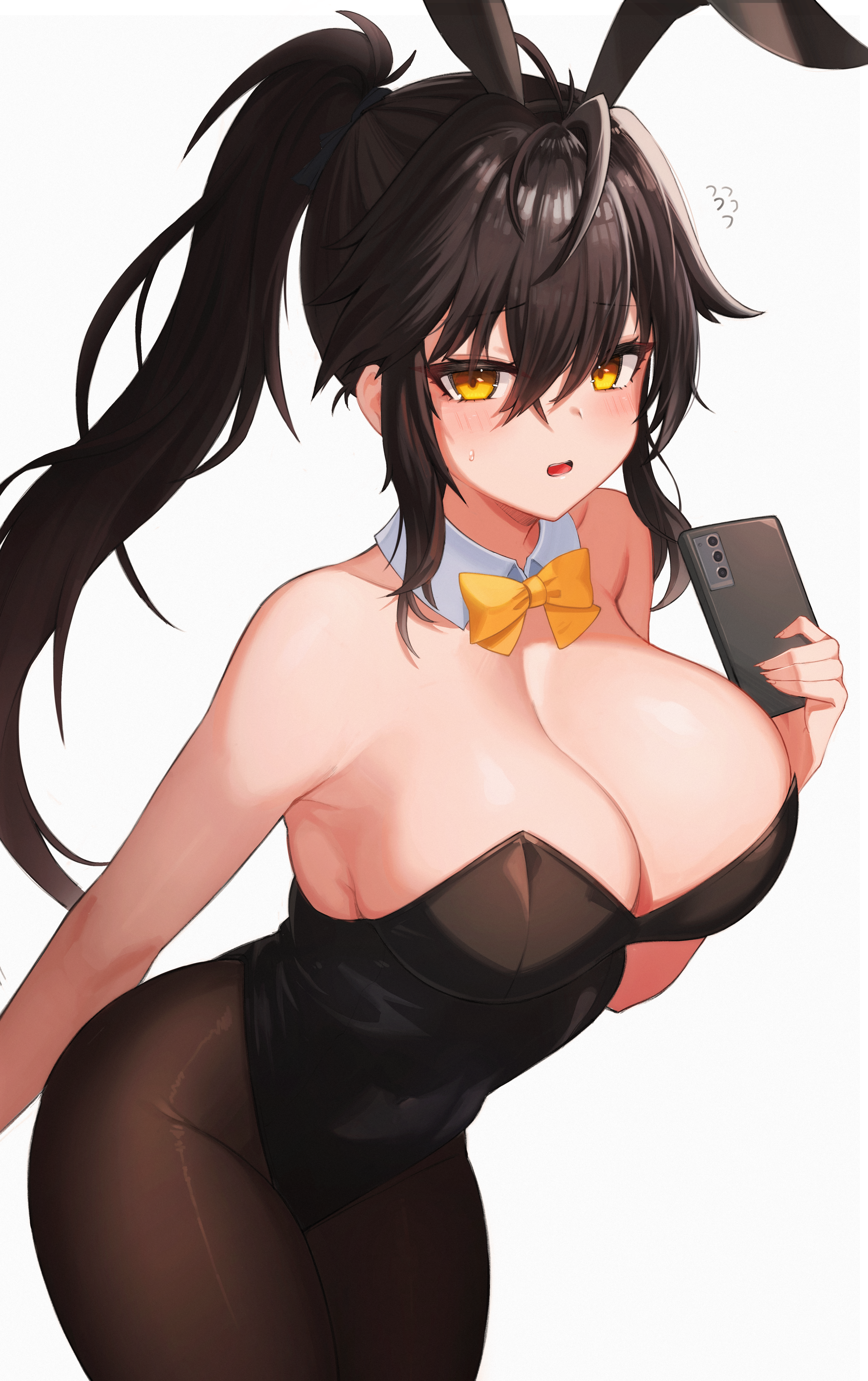 absurdres bare_arms bare_shoulders black_hair black_leotard blush bow bowtie breasts bunnysuit cleavage closers commentary commission cowboy_shot dasi_(kwts3227) detached_collar english_commentary female flying_sweatdrops genderswap_(mtf) highres holding holding_phone large_breasts leotard long_hair looking_at_viewer messy_hair pantyhose parted_lips phone playboy_bunny ponytail raised_eyebrows rule_63 seha_lee seri_lee sidelocks simple_background solo strapless strapless_leotard white_background yellow_bow yellow_bowtie yellow_eyes