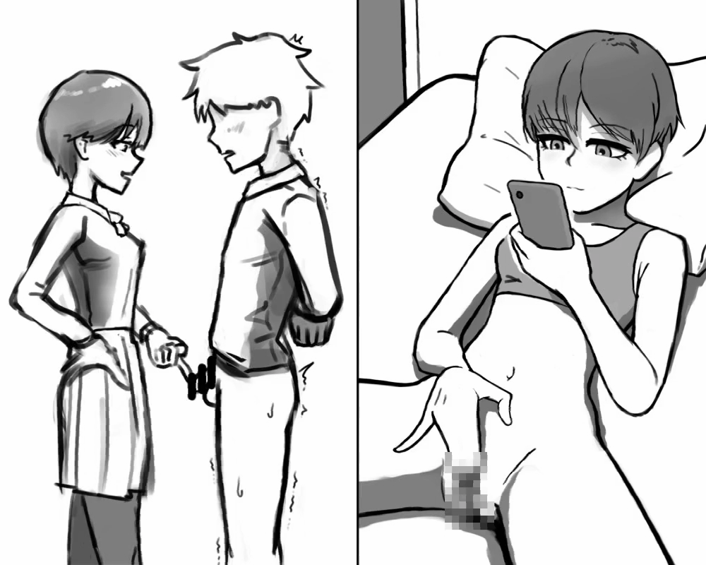 1boy 1girls after_anal after_sex anal anal_penetration anal_sex animated animated_gif barefoot bottomless bottomless_female casual_masturbation censored chastity chastity_cage chastity_device feet female female_masturbation femdom gaping gaping_anus gnhume light-skinned_female light-skinned_male light_skin looking_at_viewer male malesub masturbation monochrome pegging penis short-haired_female short_hair small_penis soles straight strap-on strapon tiny_penis toes