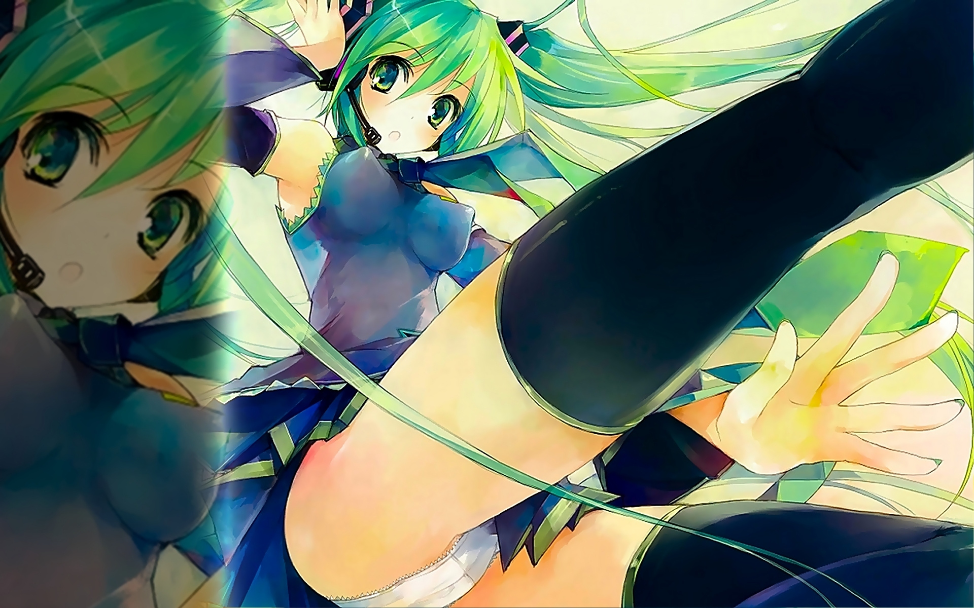hatsune miku, highres, breasts, green eyess, green hair, open mouth, panties, striped, striped panties, underwear, vocaloid, wallpaper, 