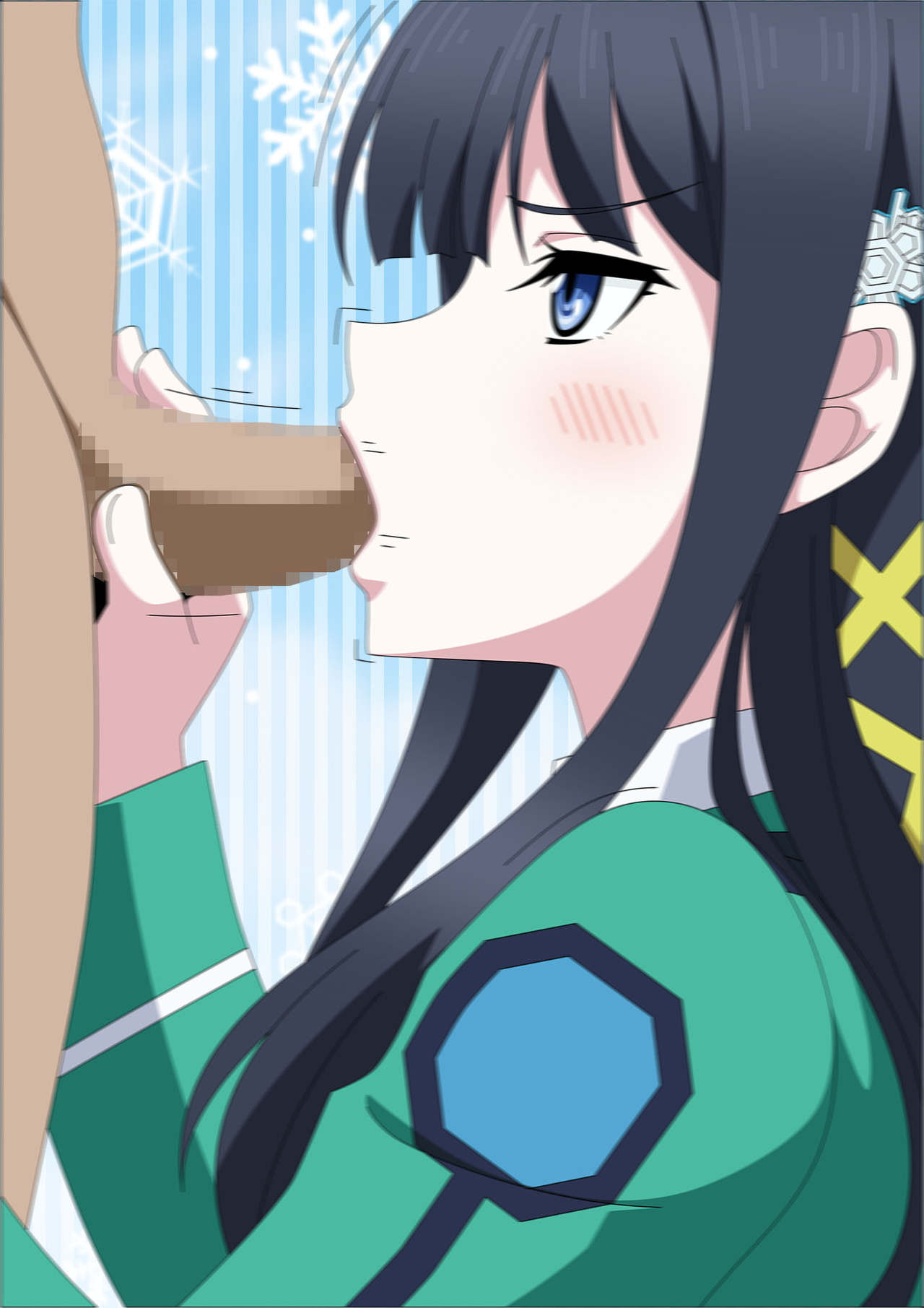 shiba miyuki, mahouka koukou no rettousei, atelier gons, big breasts, black hair, blowjob, close to orgasm, grabbing penis, handjob while sucking, smiling at viewer, 
