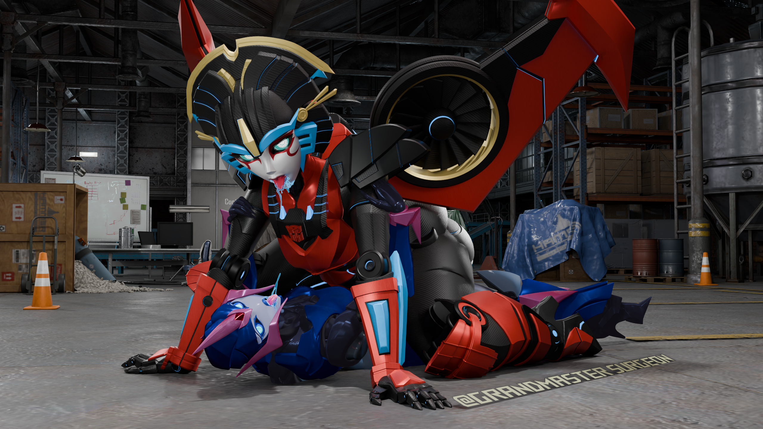 2girls arcee arcee_(prime) drool grandmastersurgeon looking_at_viewer robot robot_girl robot_humanoid spit spitswapping transformers trawert windblade
