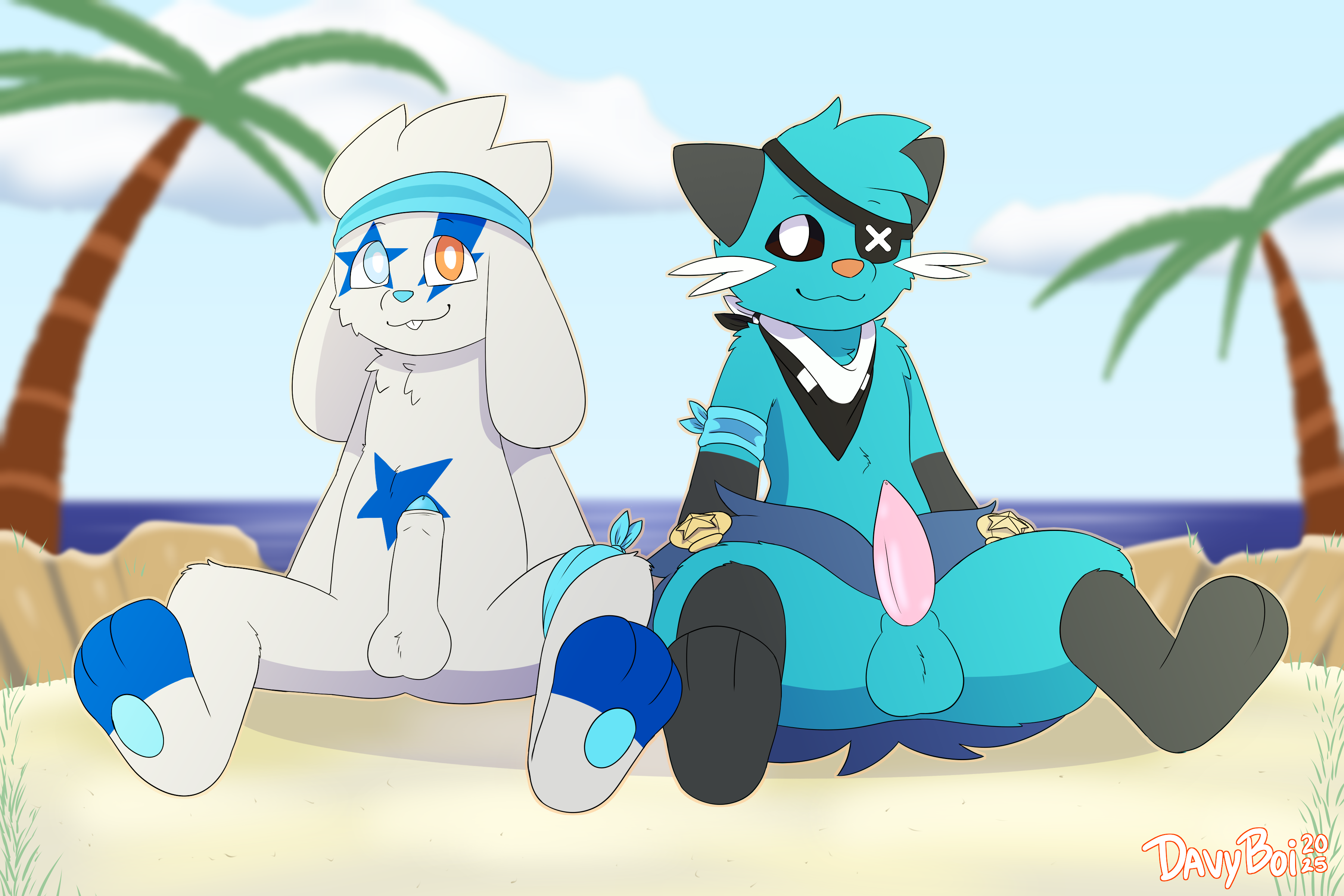 absurd_res balls balls_tuft bandage bandaged_arm bandaged_leg beach clothing davyboi dewott duo eye_patch eyewear fur fur_markings generation_5_pokemon generation_8_pokemon genitals hi_res humanoid_genitalia humanoid_penis kerchief looking_at_viewer male male/male markings neckwear nintendo nude pawpads paws penis pokemon pokemon_(species) rabbity_the_raboot raboot scarf shell sitting smile spearmint_iv_the_dewott tapering_penis tuft