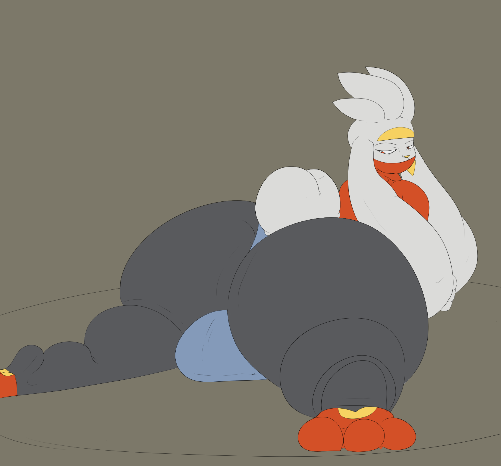 2025 anthro ass balls big_balls big_butt black_body black_eyebrows blue_clothing blue_thong blue_underwear clothing colored digital_media_(artwork) eyebrows flat_colors generation_8_pokemon genitals grey_background hair hi_res huge_balls huge_butt hyper hyper_butt lagomorph leporid looking_back looking_back_at_self lying male mammal multicolored_body nintendo on_front pleasantlyplumpthiccness pokemon pokemon_(species) rabbit raboot rear_view red_body red_eyes scut_tail short_tail simple_background solo tail thong tight_clothing underwear white_body white_ears white_hair white_tail yellow_nose