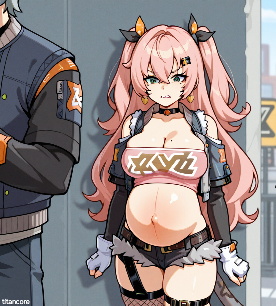(titancore) ai_generated angry angry_expression big_belly big_breasts curvy_figure female girl guy hair_ornament long_hair nicole_demara outside pink_hair pregnant ribbon_in_hair slutty_outfit twintails video_game_character wise_(zenless_zone_zero) zenless_zone_zero