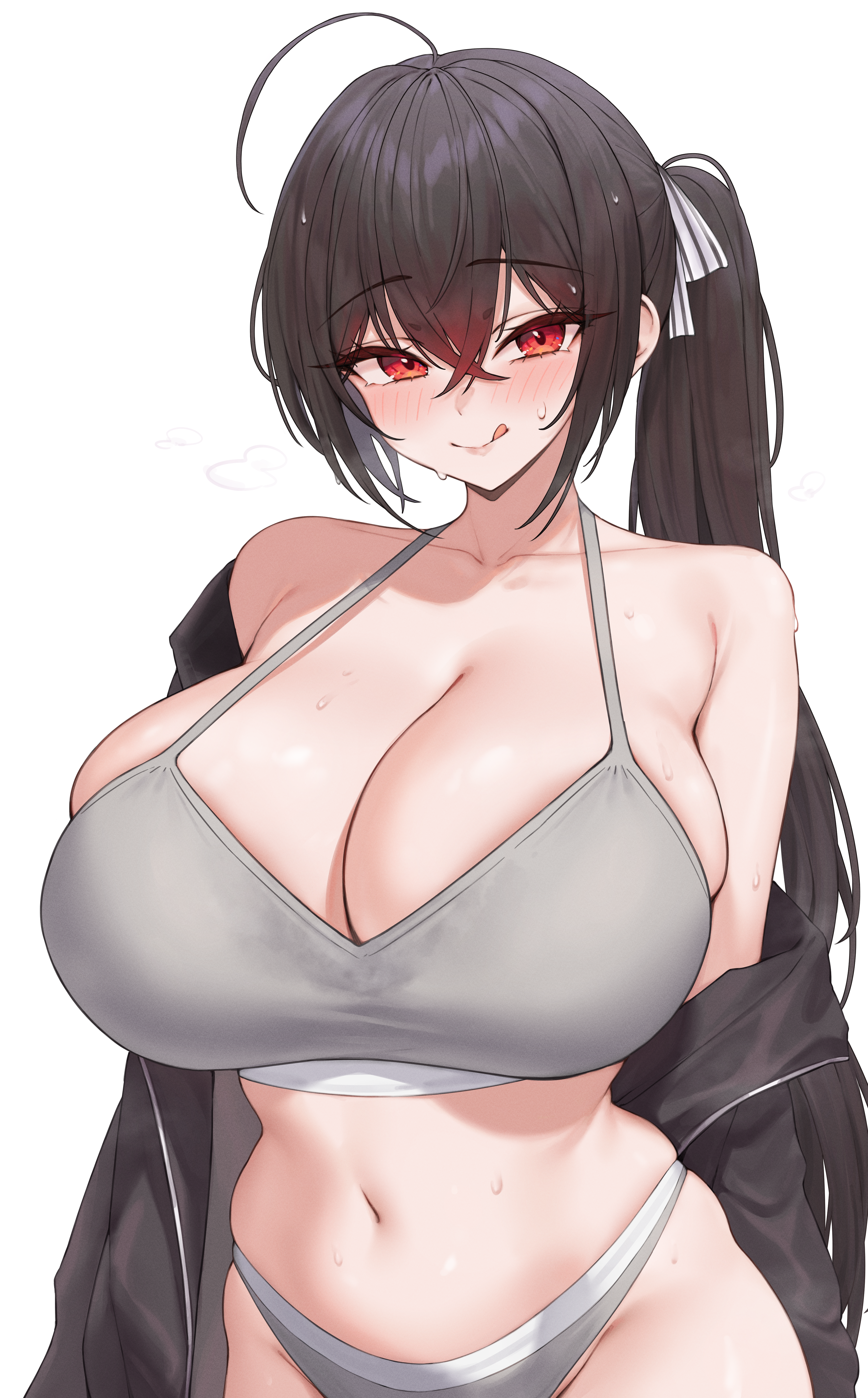 1girls ahoge azur_lane black_hair breasts female hi_res huge_breasts kuavera large_breasts light-skinned_female light_skin long_hair naughty_face ponytail red_eyes side_ponytail sports_bra sportswear taihou_(azur_lane)