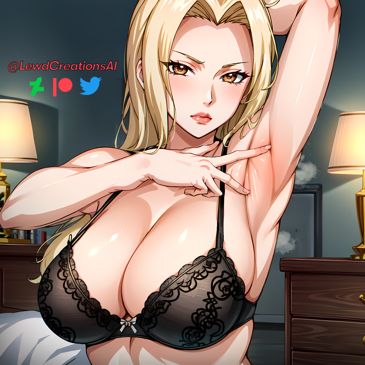 tsunade, naruto, naruto (series), naruto shippuden, pose, 1girls, ai generated, armpit fetish, armpit spread, armpits, big breasts, blonde hair, blush, bra, breasts, busty, cleavage, female, female only, huge breasts, large breasts, lewdcreationsai, makeup, mature, mature female, mature woman, oppai, pinup, plump, posing, solo, solo focus, spreading armpit, stable diffusion, top heavy, 