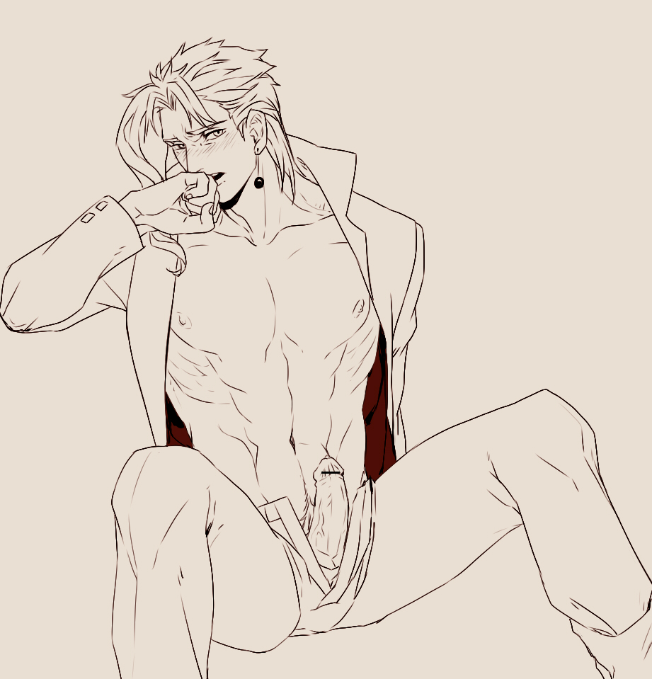 noriaki kakyoin, stardust crusaders, 1boy, blush, blushing, erect penis, erection, hand on mouth, male nipples, male only, muscular, muscular male, open clothes, open shirt, penis out, solo, solo focus, solo male, spread legs, 