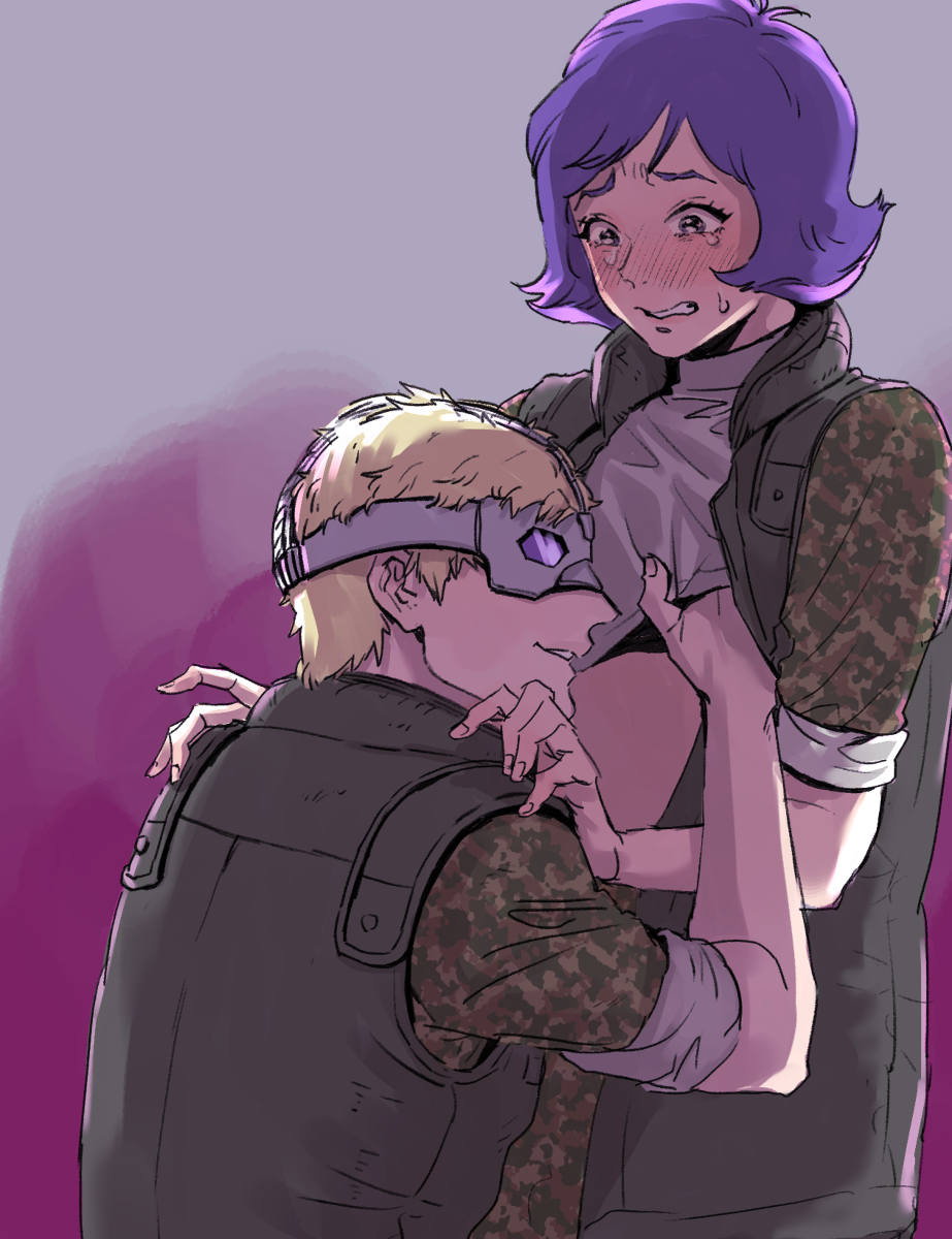 zeon, char aznable, garma zabi, gundam, mobile suit gundam, purple background, simple background, 1boy, 2022, 2boys, blonde hair, blush, blush lines, blushing, camo, crying, dokata s, femboy, feminine male, gay, kissing, kissing abdomen, kissing stomach, male, male focus, male only, masked male, military clothing, military uniform, mobile suit gundam : the origin, muscular, muscular male, outdoors, partially dressed, purple hair, sweat, sweat drop, tears, undressing, vest, yaoi, 