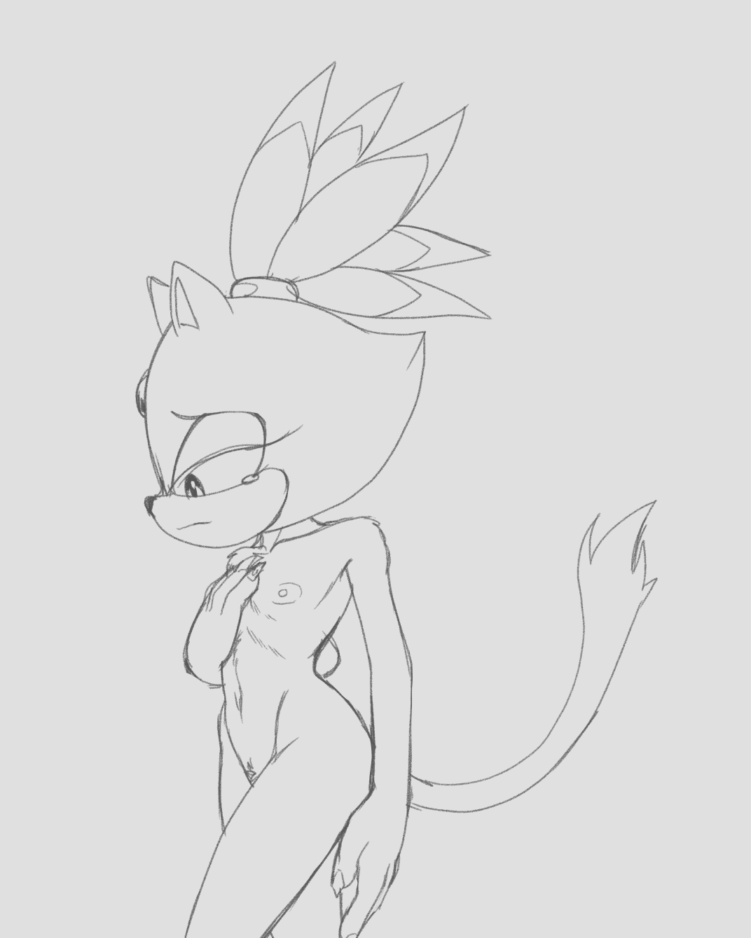 fours (artist), blaze the cat, sonic the hedgehog (series), hi res, anthro, bodily fluids, breasts, domestic cat, felid, feline, felis, female, forehead gem, hair, hand on chest, looking down, mammal, nipples, small breast angst, small breasts, solo, tears, tied hair, 