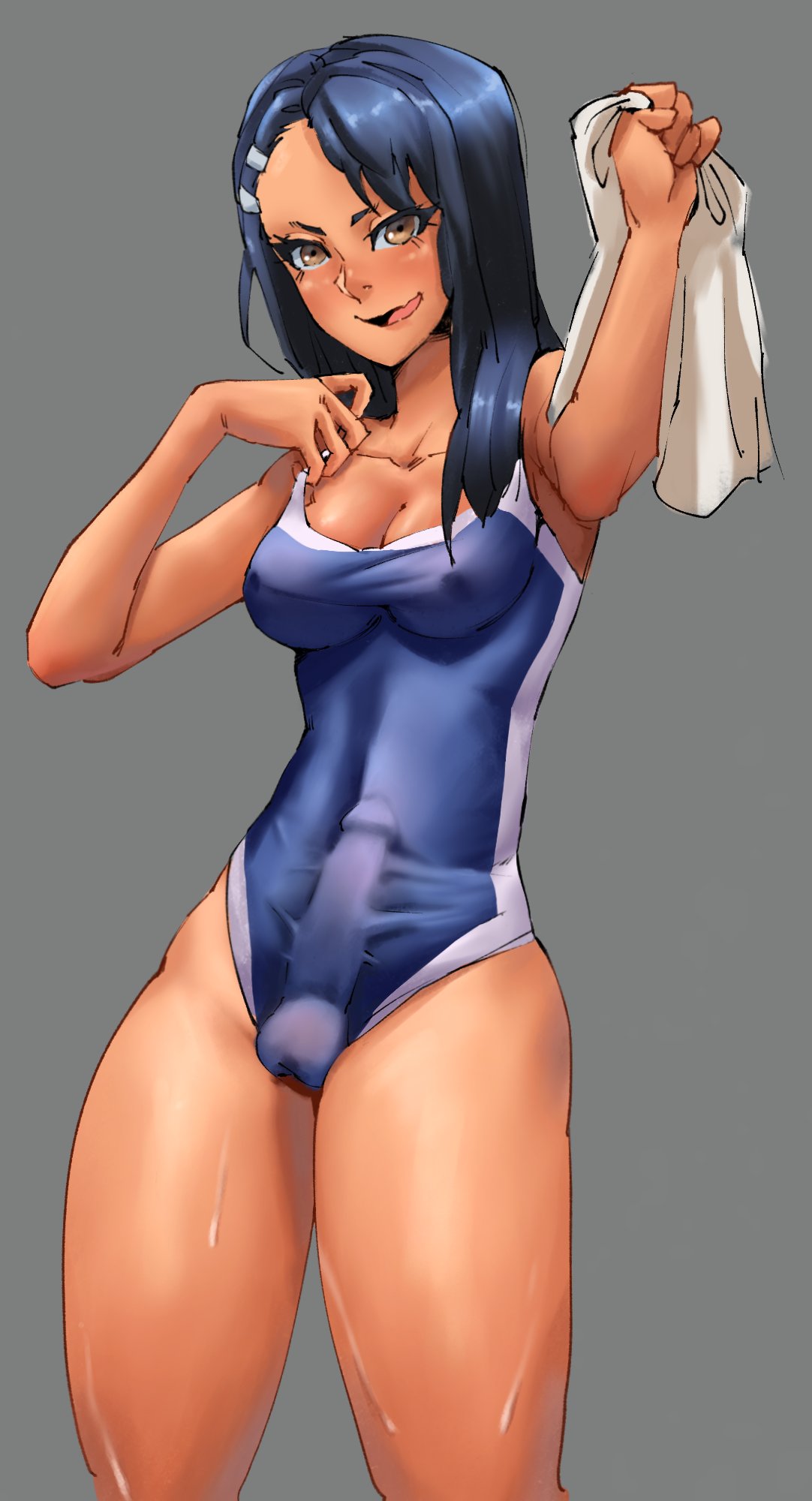 hayase nagatoro, hi res, pose, simple background, 1futa, balls, black hair, blush, breasts, brown eyes, cameltoe, cleavage, clothed, clothing, erection, futa focus, futa only, long hair, looking at viewer, medium breasts, nipples, order clark, penis, revealing clothes, smile, solo, sweat, swimsuit, tan, tanline, tanned, 