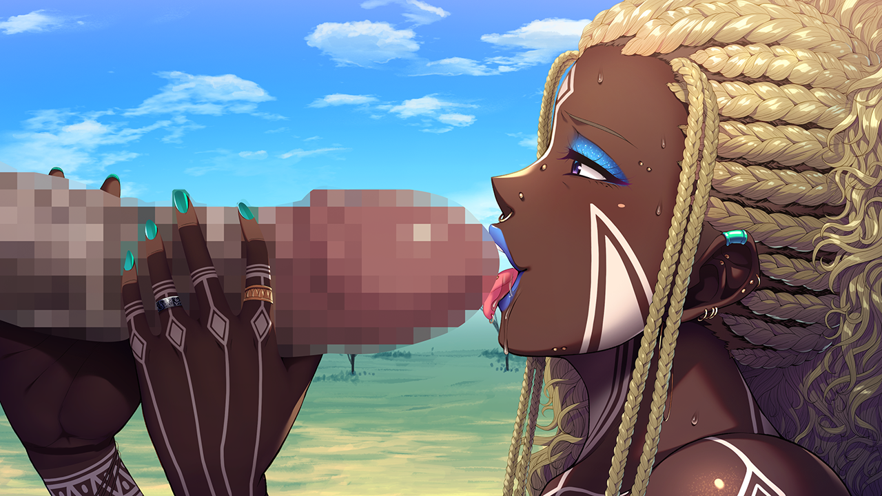 1boy aqua_nails blonde_hair blue_eyeshadow blue_lips blue_sky bodypaint breasts censored cloud cornrows dark-skinned_female dark_skin day ear_piercing earrings eyeshadow facepaint fellatio female from_side game_cg ganguro gyaru huge_breasts iki_sugi_ibunka_kouryuu_~seiso_hitozuma_ntr_ochi!~ inouenanaki jewelry licking licking_penis makeup male mosaic_censoring non-web_source open_mouth oral outdoors penis penis_grab piercing ring sky solo_focus tongue tongue_out very_dark_skin yushima_mizuki