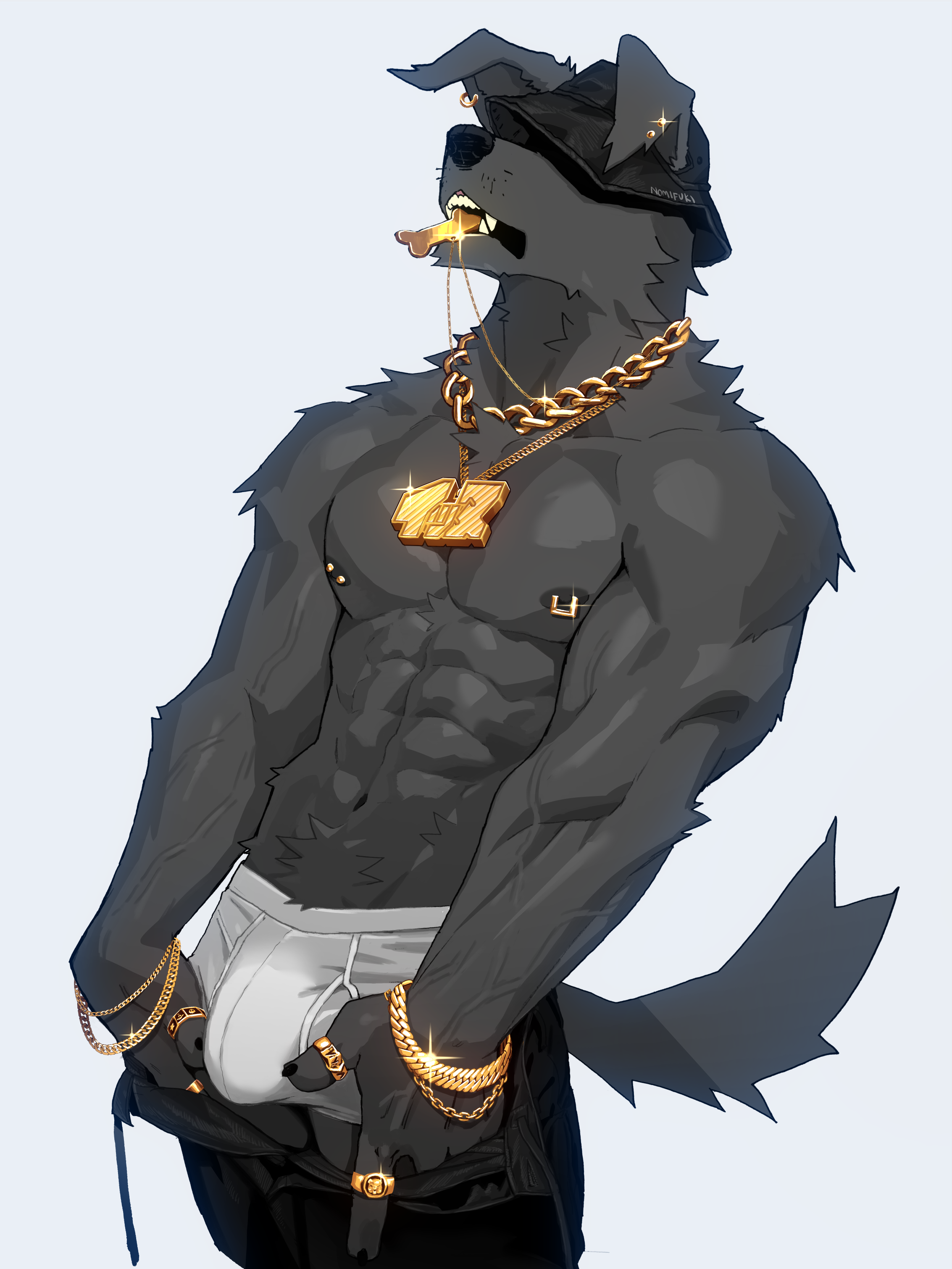 2024 3:4 abs absurd_res anthro areola bara biceps big_bulge big_muscles bling bottomwear bottomwear_down bracelet briefs bulge canid canine canis chain_bracelet chain_necklace chains claws clothed clothing domestic_dog ear_piercing ear_ring fur gold_(metal) gold_jewelry gold_piercing grey_background hat headgear headwear hi_res jewelry lens_flare male mammal muscles muscular muscular_anthro muscular_male navel necklace nipple_piercing nipple_ring nipples nomifuki pants pants_down partially_clothed pecs piercing ring_(jewelry) ring_piercing simple_background solo standing streetwear teeth topless topless_anthro topless_male tuft underwear unzipped vein yaoi zipper