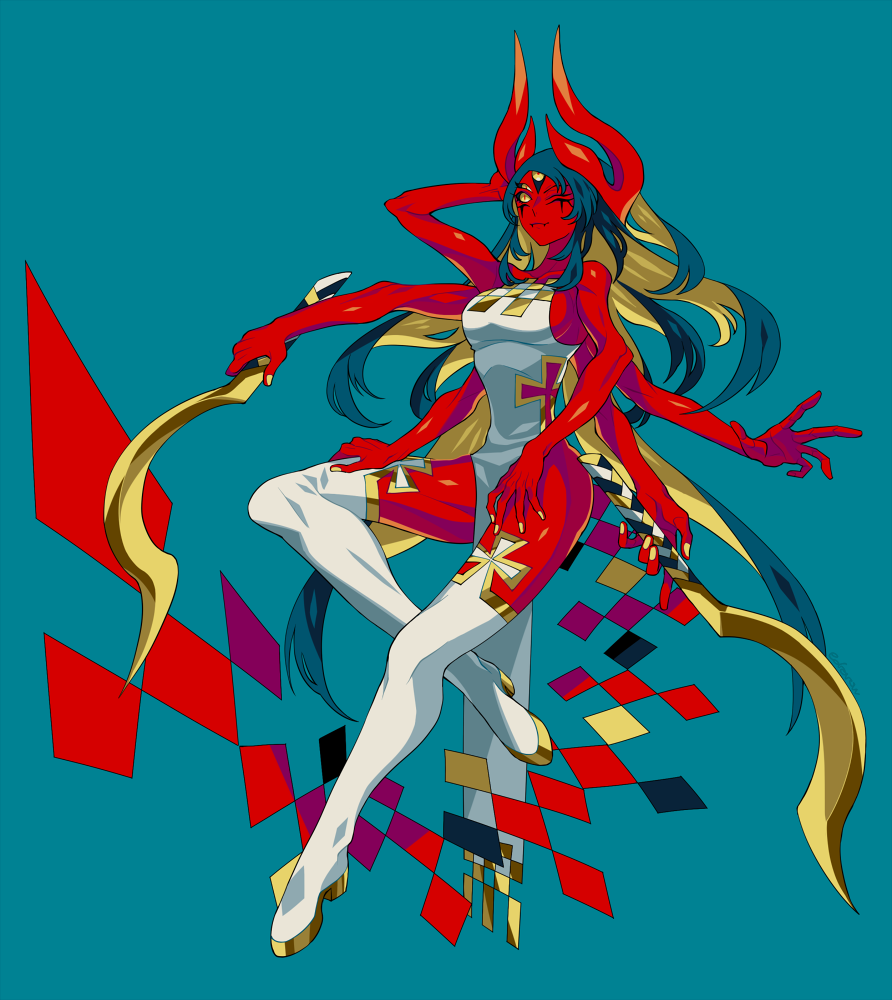 edrw, demon girl, devil, female, full-length portrait, full length, fully clothed, horns, monster girl, portrait, red skin, scythe, solo, standing, succubus, weapon, 
