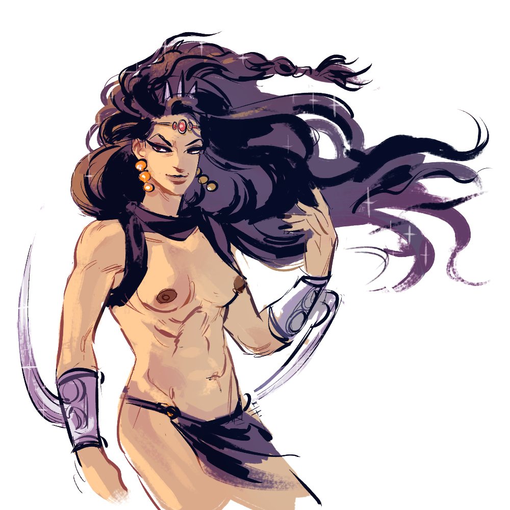 kars, battle tendency, rule 63, 1girls, brown nipples, earrings, female only, horns, loincloth, long hair, looking at viewer, partially clothed, smirk, solo female, toned, toned female, topless, 