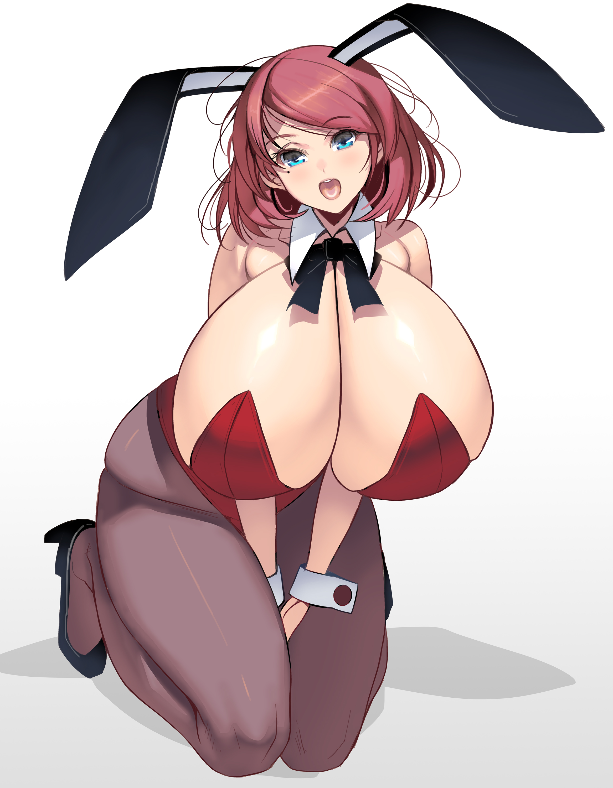masao, original, big breasts, blue eyes, bunny ears, bunny girl, bunnysuit, cleavage, detached collar, female, female only, gigantic breasts, hanging breasts, high heels, huge breasts, kneeling, looking at viewer, massive breasts, medium hair, mole under eye, neck ribbon, open mouth, pantyhose, pink hair, smile, solo, thick thighs, wrist cuffs, 