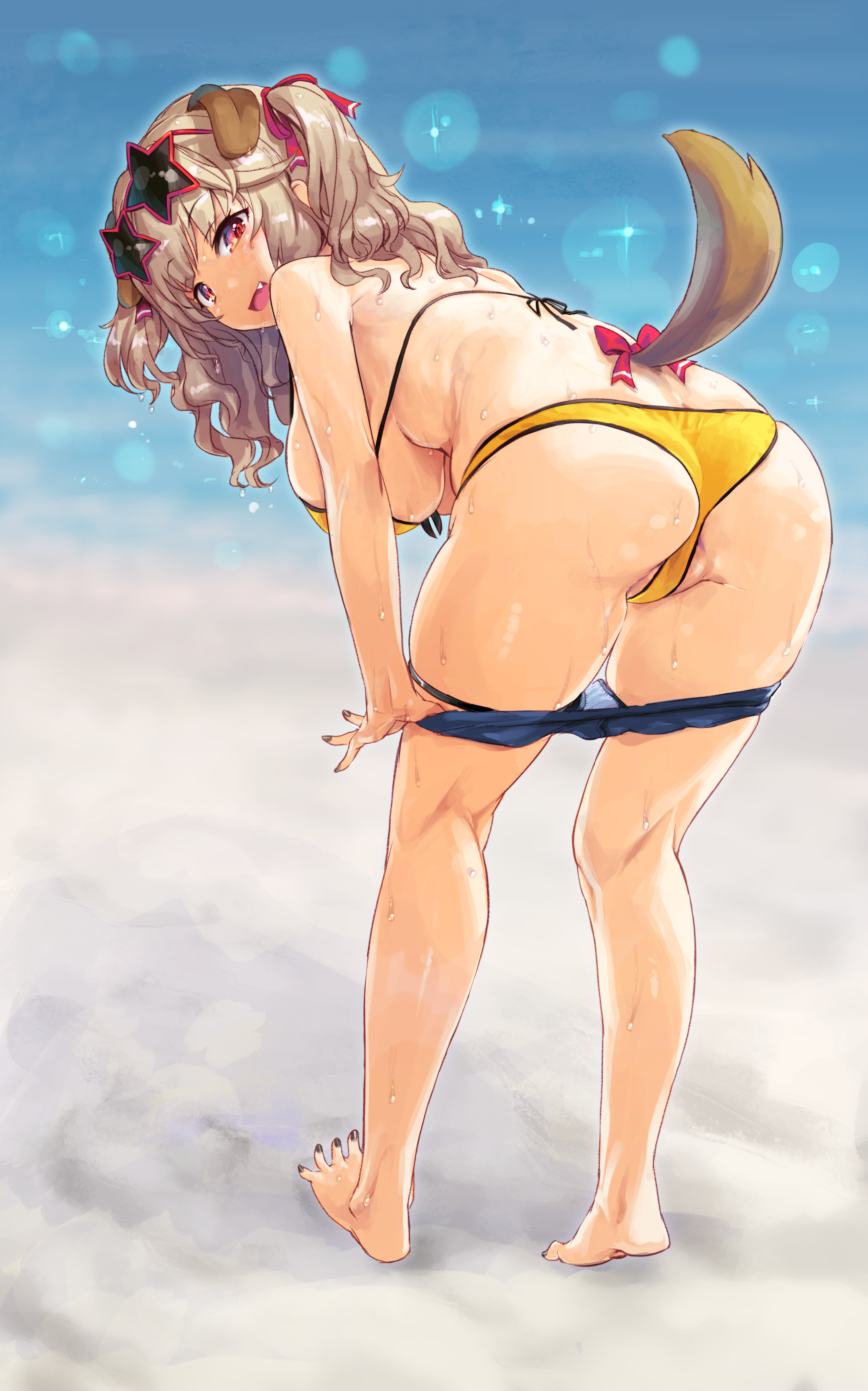 kiyama satoshi, virtual youtuber, absurdres, highres, animal ears, ass, bangs, barefoot, bent over, bikini, blonde hair, blush, bow, breasts, brown hair, clothes pull, dog ears, dog girl, dog tail, eyewear on head, female, from behind, full body, hair ribbon, indie virtual youtuber, komorebi wanko, large breasts, long hair, looking at viewer, looking back, oerba yun fang, open mouth, pulled by self, red bow, red eyes, ribbon, shorts, shorts pull, smile, solo, star-shaped eyewear, sunglasses, sweat, swimsuit, tail, two side up, yellow bikini, 