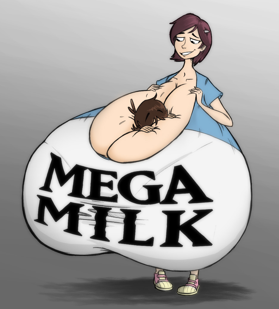 ohdangdoof, mega milk, meme, simple background, 1boy, 1girls, between breas...