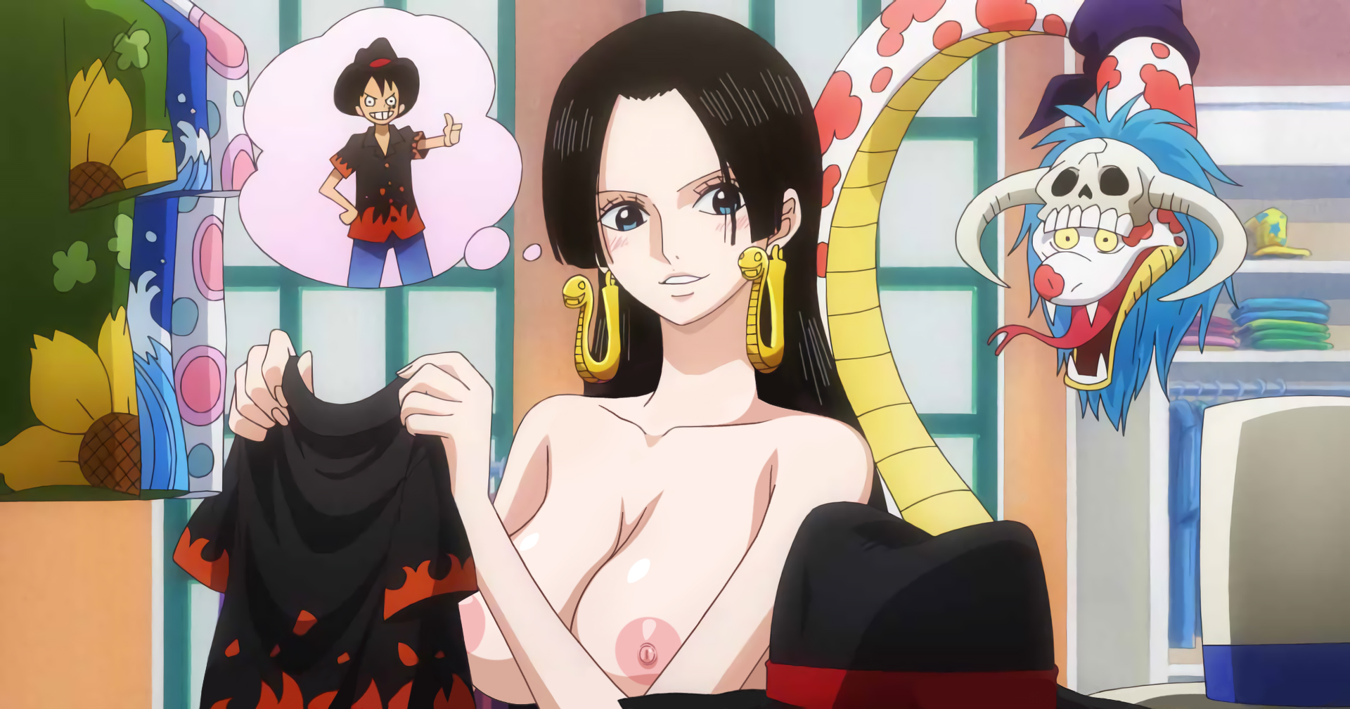 boa hancock, monkey d luffy, one piece, edited, nude filter, big breasts.