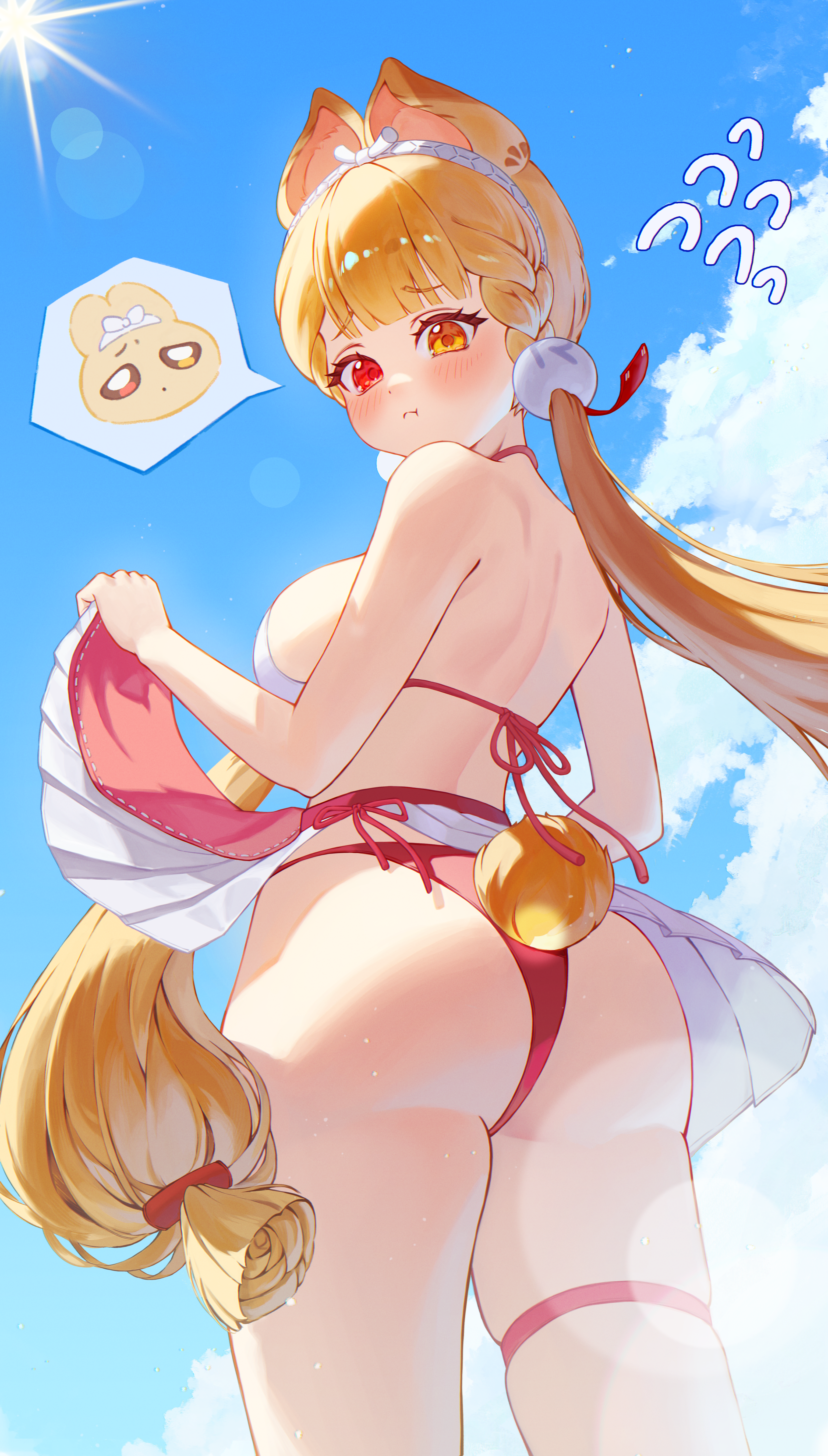 :t absurdres adapted_costume alice_thymefield alice_thymefield_(sea_of_thyme) animal_ears arched_back ass bare_arms bare_back bare_shoulders bikini bikini_skirt blonde_hair blue_sky blunt_bangs blush braid braided_bangs breasts closed_mouth clothes_lift cloud commentary cowboy_shot day female flying_sweatdrops from_behind from_below hair_lift hair_ornament hairband halterneck hands_up heterochromia highres lifting_own_clothes long_hair looking_at_viewer looking_back looking_down low_twintails medium_breasts multicolored_bikini outdoors pout rabbit_ears rabbit_girl rabbit_tail raised_eyebrows red_bikini red_eyes skirt skirt_lift sky solo speech_bubble sphere_hair_ornament spoken_character standing sun swimsuit tail tearing_up thigh_strap twintails two-tone_bikini very_long_hair white_bikini white_hairband yamisroot yellow_eyes zenless_zone_zero