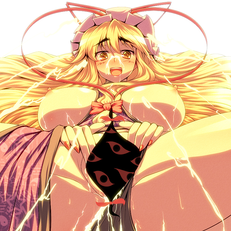 tro, yukari yakumo, touhou, censored, blonde hair, bow, breasts, convenient censoring, cum, eyebrows, facial, gap, hairbow, hat, huge breasts, long hair, nail polish, panties, panties aside, pussy, solo, spread pussy, symbol-shaped pupils, text in eyes, underwear, yellow eyes, 