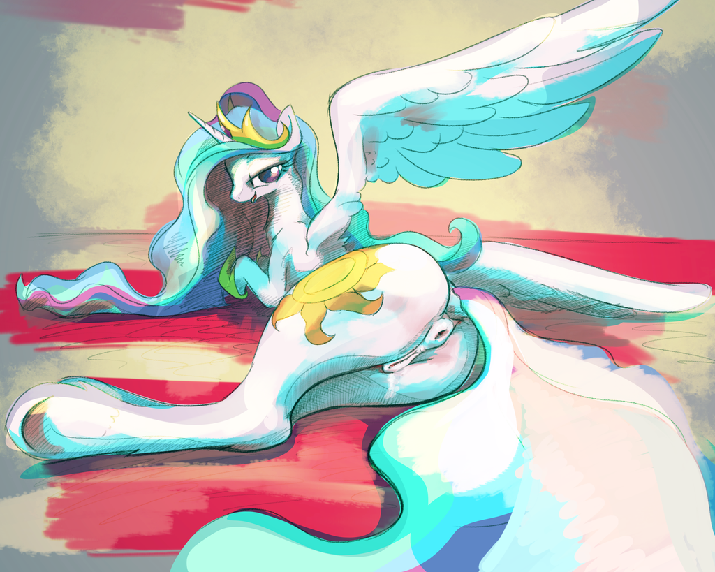 princess celestia (mlp), friendship is magic, my little pony, alicorn, anus, cutie mark, equine, female, hair, horn, mammal, multicolored hair, pussy, solo, wings, 