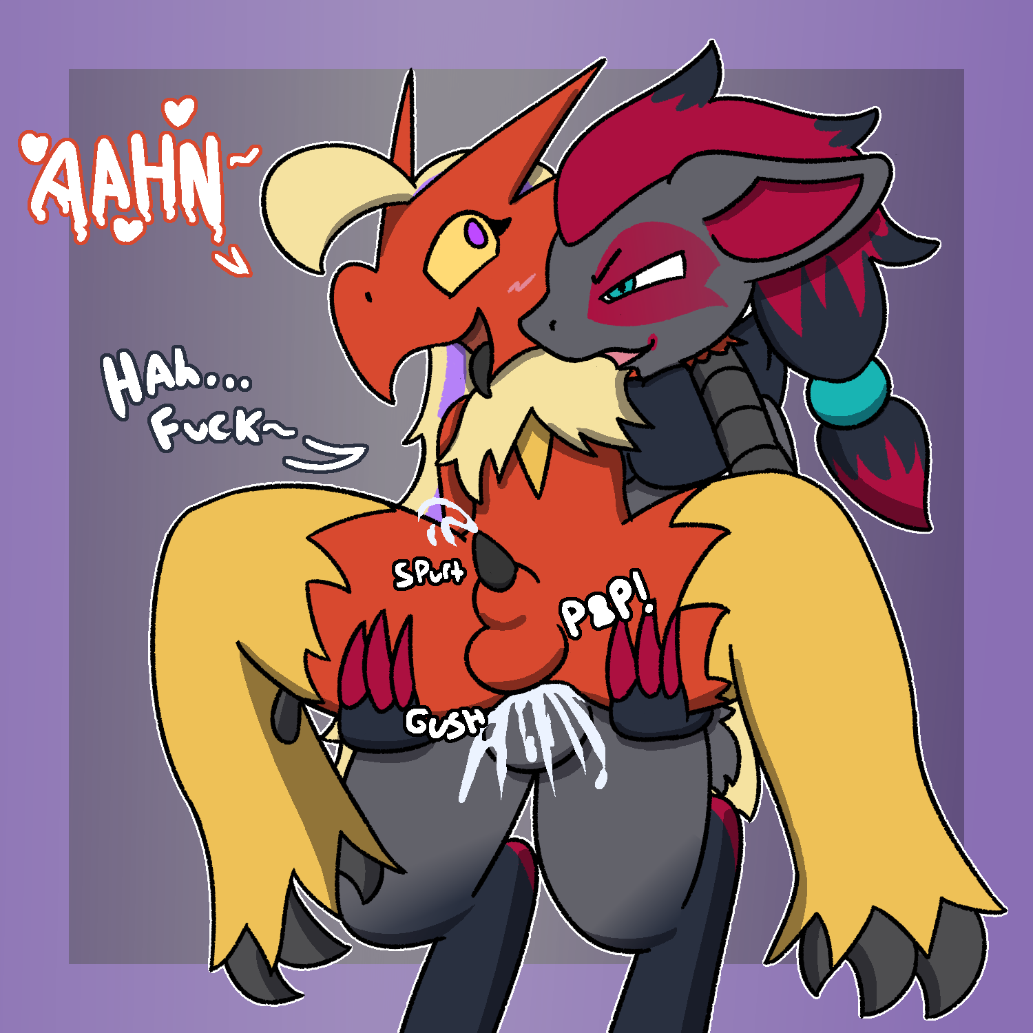 blaziken, zoroark, nintendo, english text, hi res, text, anal, anal sex, animal genitalia, anthro, avian, beak, bird, blush, bodily fluids, canid, canine, chicken, cum, cum in ass, cum inside, cum leaking, cum while penetrated, dialogue, duo, fox, galliform, gallus (genus), genital fluids, genitals, hair, knotting, long hair, male, male/male, male penetrated, male penetrating, male penetrating male, mammal, moan, narrowed eyes, otterjunk, penetration, phasianid, pokemon, racha (otterjunk), sex, sheath, stand and carry position, standing, standing sex, talons, video games, yellow sclera, 