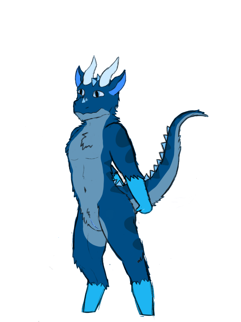 hi res, anthro, blue body, blue fur, dragon, fishstick567, fishstick (character), fur, furred dragon, horn, male, nude, presenting, slit, solo, 