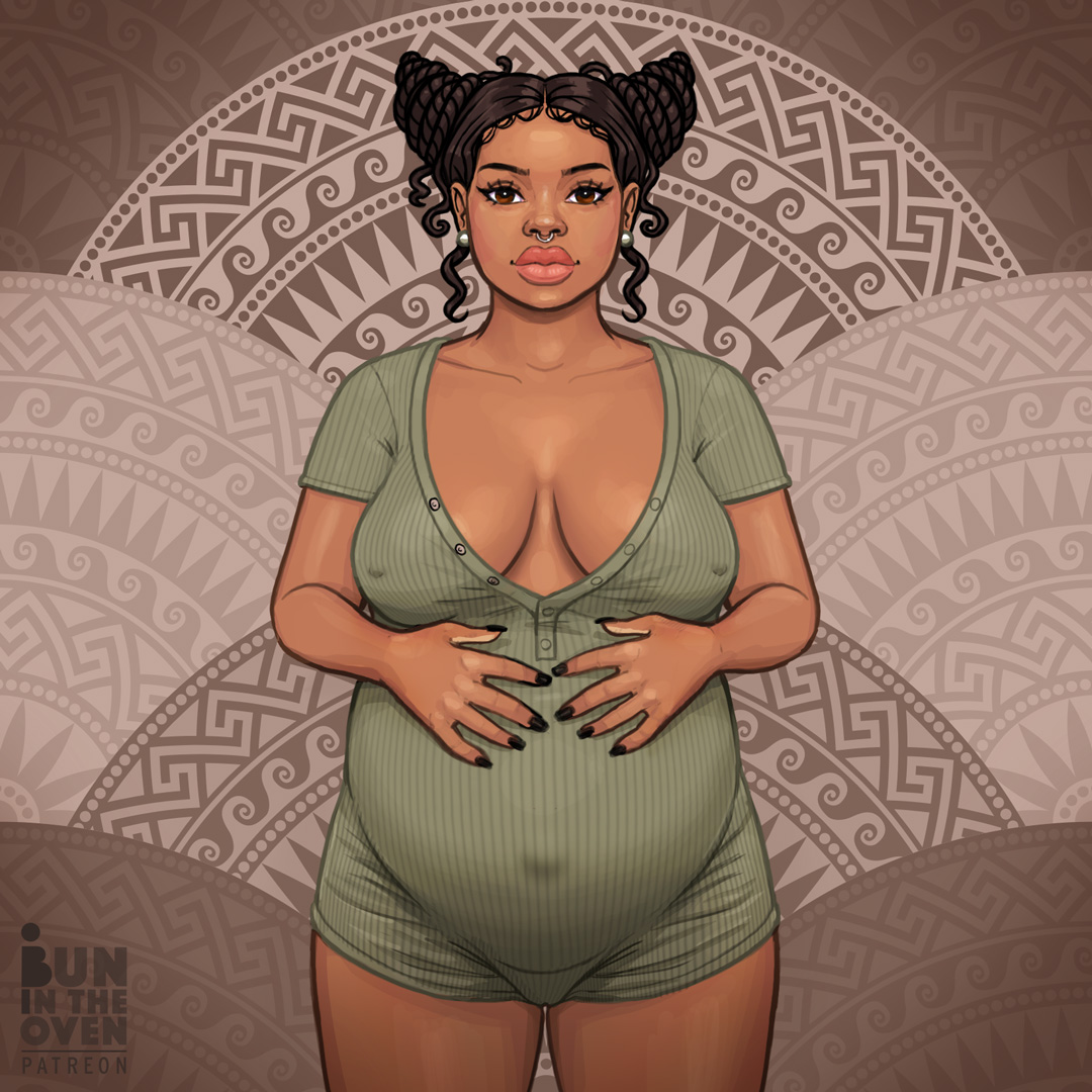 bunintheoven, 1girls, belly, big belly, big breasts, breasts, cleavage, dark-skinned female, dark skin, female, hand on belly, nipple bulge, nose ring, pregnant, solo female, 