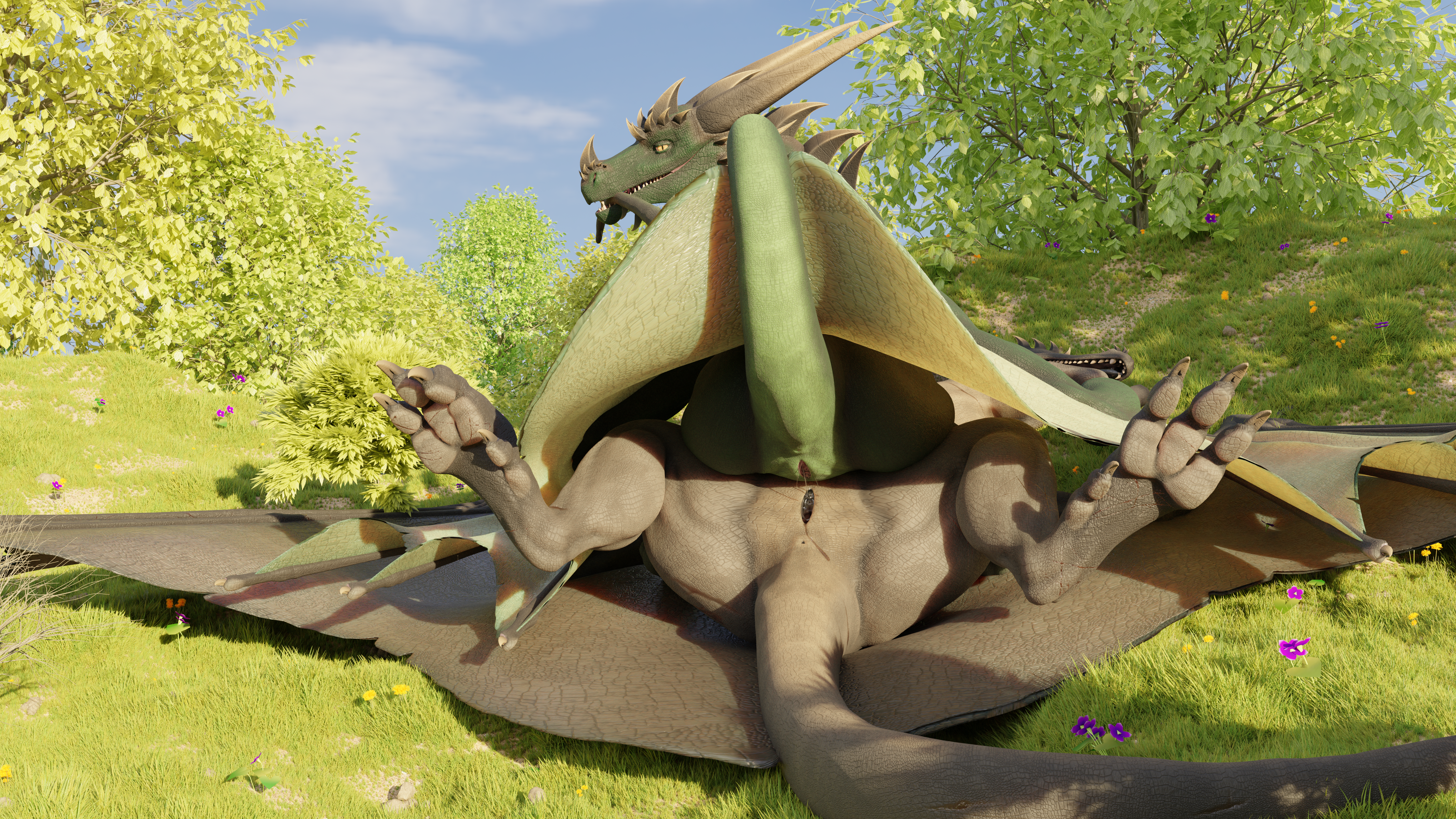 16:9, 3d (artwork), absurd res, blender (software), digital media (artwork), hi res, huge filesize, accers, animal genitalia, bodily fluids, claws, dragon, duo, female, female/female, feral, forest, forest background, genital fluids, genital slit, genitals, horn, looking at viewer, looking back, membrane (anatomy), membranous wings, nature, nature background, nude, open mouth, outside, plant, pussy, raised tail, scales, scalie, sex, slit, smile, tongue, tree, vaginal penetration, widescreen, wings, wyvern, 