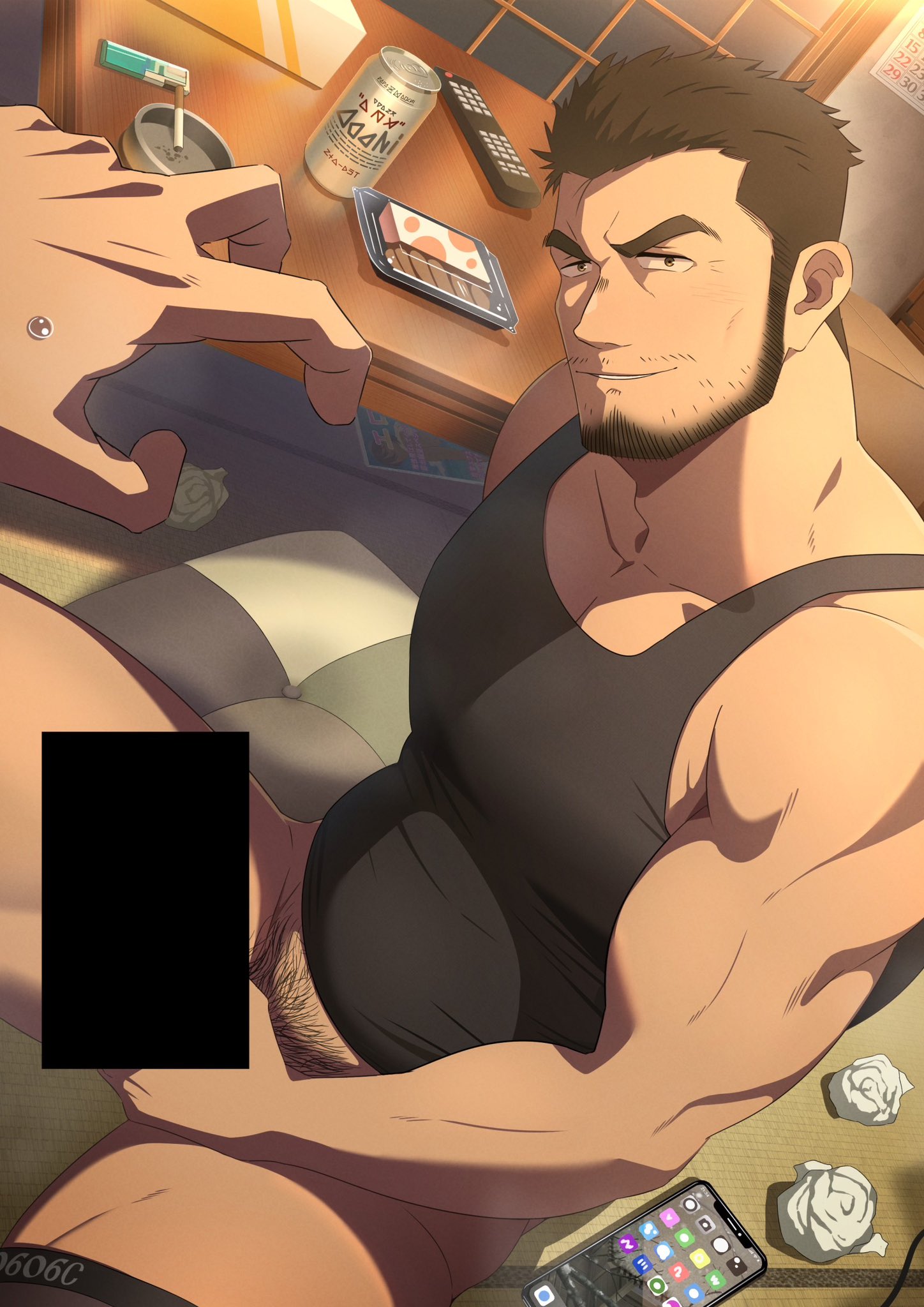 original, bar censor, censored, highres, 1boy, bara, beard, beer can, black tank top, brown hair, can, cigarette, facial hair, feet out of frame, grey male underwear, hair slicked back, head tilt, large pectorals, male focus, male pubic hair, male underwear, muscular, muscular male, mustache stubble, no pants, oro9, paid reward available, pectoral cleavage, pectorals, penis grab, phone, pov, pov hands, pubic hair, seductive smile, short hair, sidepec, sitting, smile, solo focus, sweat, sweating profusely, tank top, thick eyebrows, thick thighs, thighs, underwear, underwear around one leg, used tissue, 