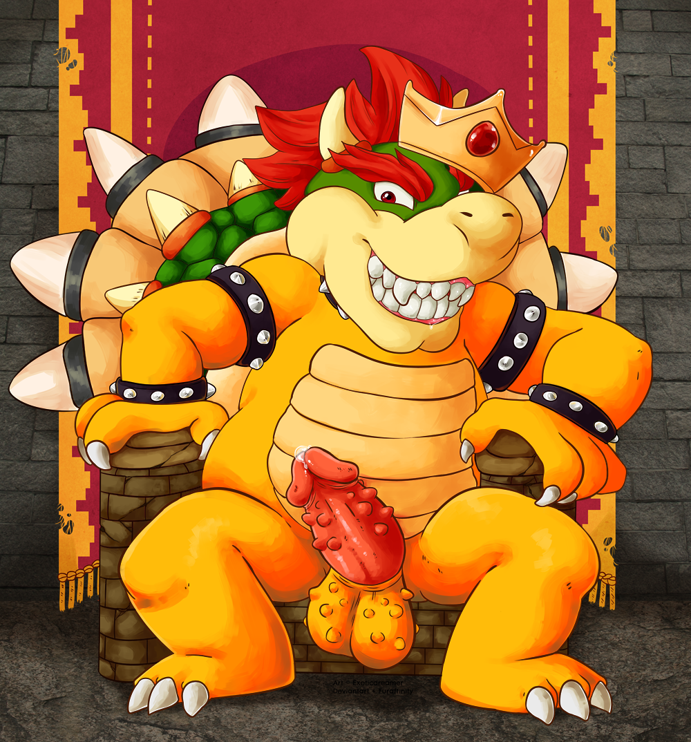 exoticdreamer, bowser, koopa, nintendo, super mario bros., 2018, simple background, 1boy, 3 toes, 4 fingers, anthro, balls, claws, collar, erection, hair, horn, male, male only, mammal, nude, penis, scalie, smile, solo, solo focus, spiked collar, spikes, teeth, toes, video games, 