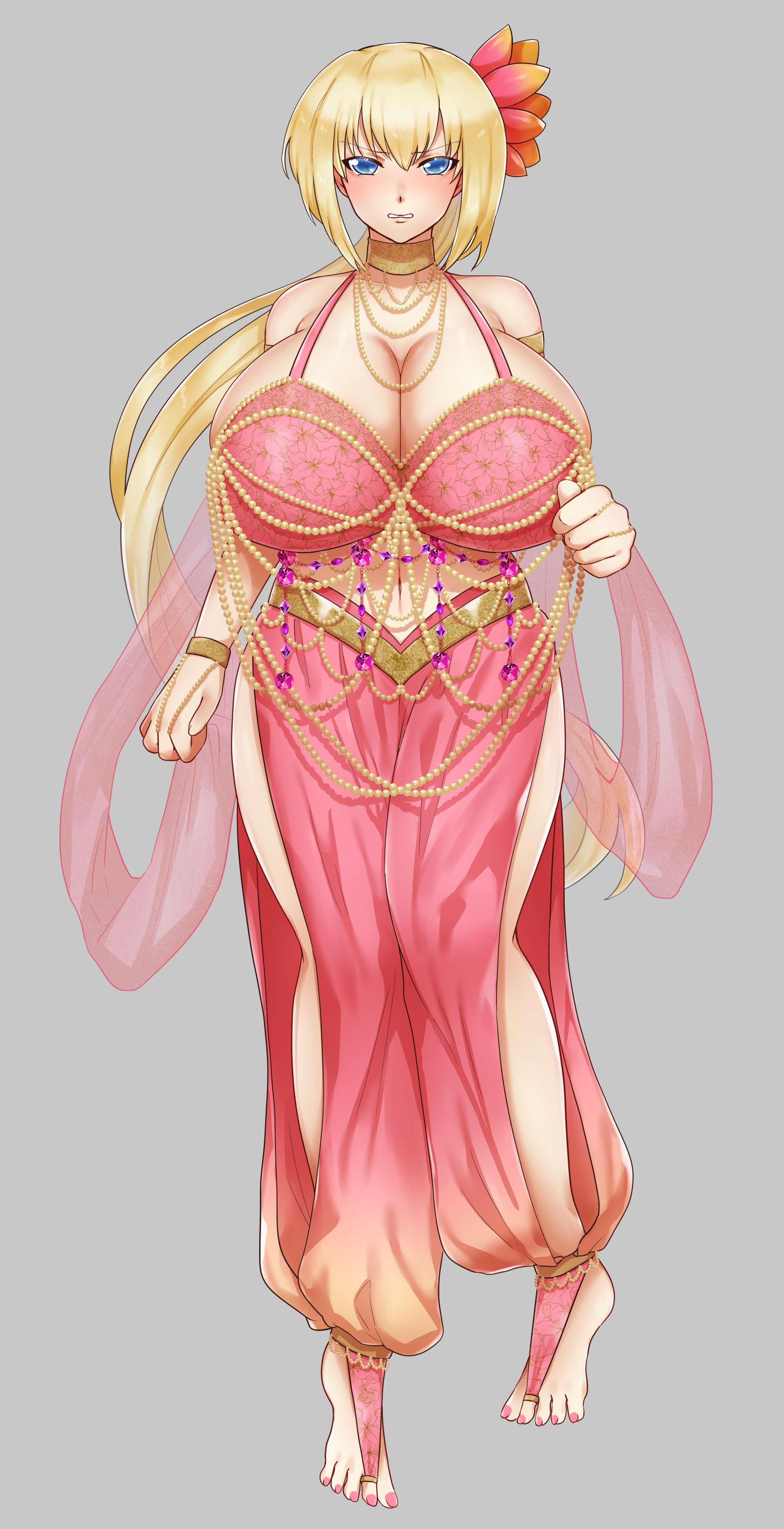 barefoot blonde_hair blue_eyes blush breasts dancer feet female flower flower_in_hair ham121ham harem_girl harem_outfit huge_breasts jewelry light-skinned_female light_skin painted_nails pearl_(gem) thick_thighs toes wide_hips