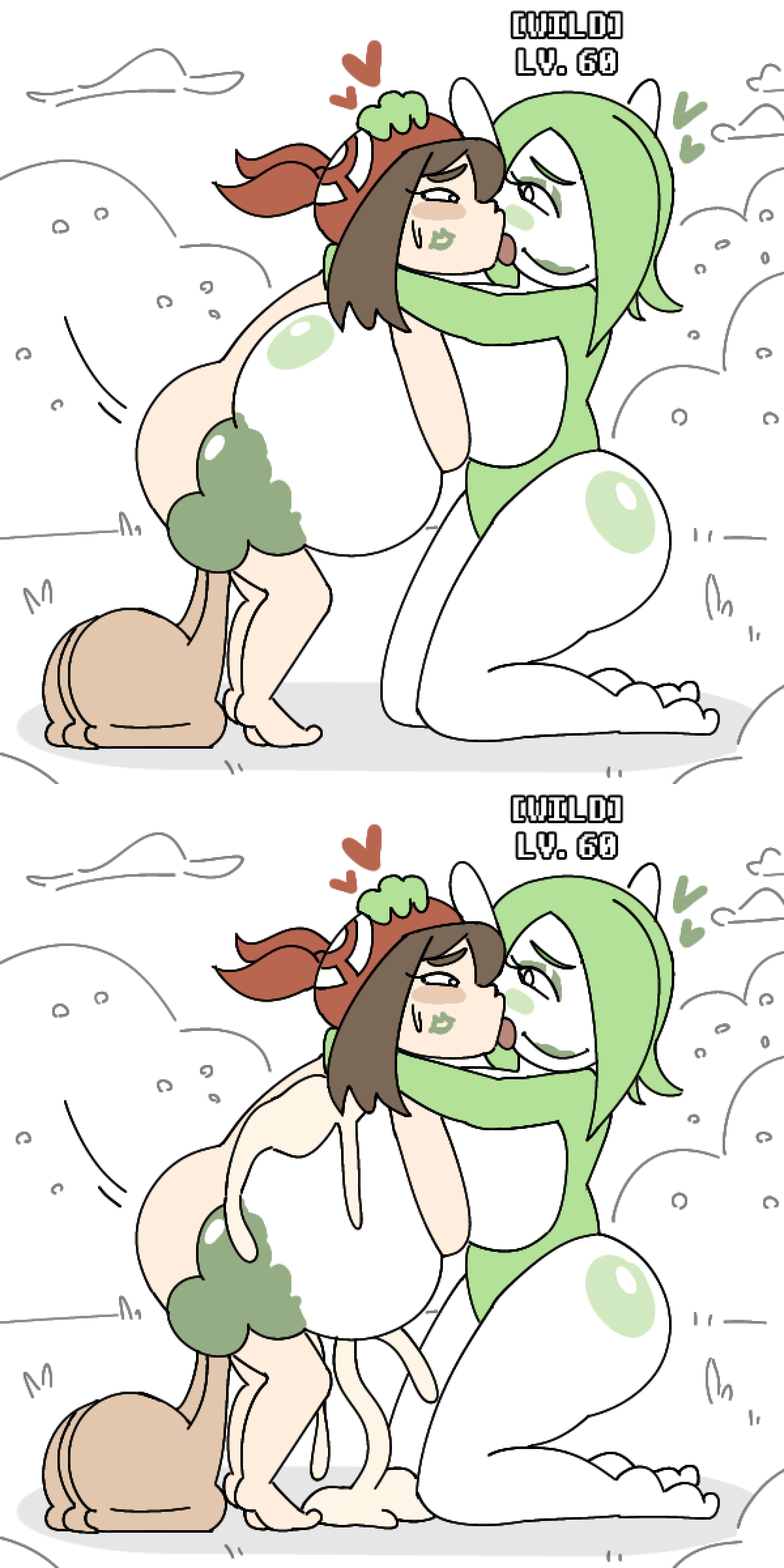 gardevoir, may (pokemon), pokemon (species), panels, 1female, 1futa, 1girls, balls on floor, big balls, boobjob, breasts bigger than head, breasts bigger than torso, cum, cum on breasts, dripping cum, ejaculation, futa on female, futanari, huge breasts, hyper breasts, kiss mark, licking, licking face, massive breasts, milkbuni, naked, nude, paizuri, pokemon, pokephilia, sagging balls, titjob, 