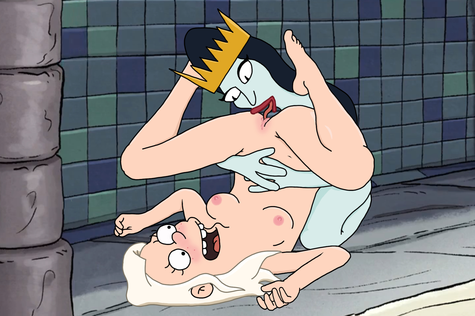 princess tiabeanie, queen oona, disenchantment, 2girls, buckteeth, calarts, crown, freckles, licking, nude, oral sex, pink nipples, princess, pussy, tongue, white hair, yuri, 