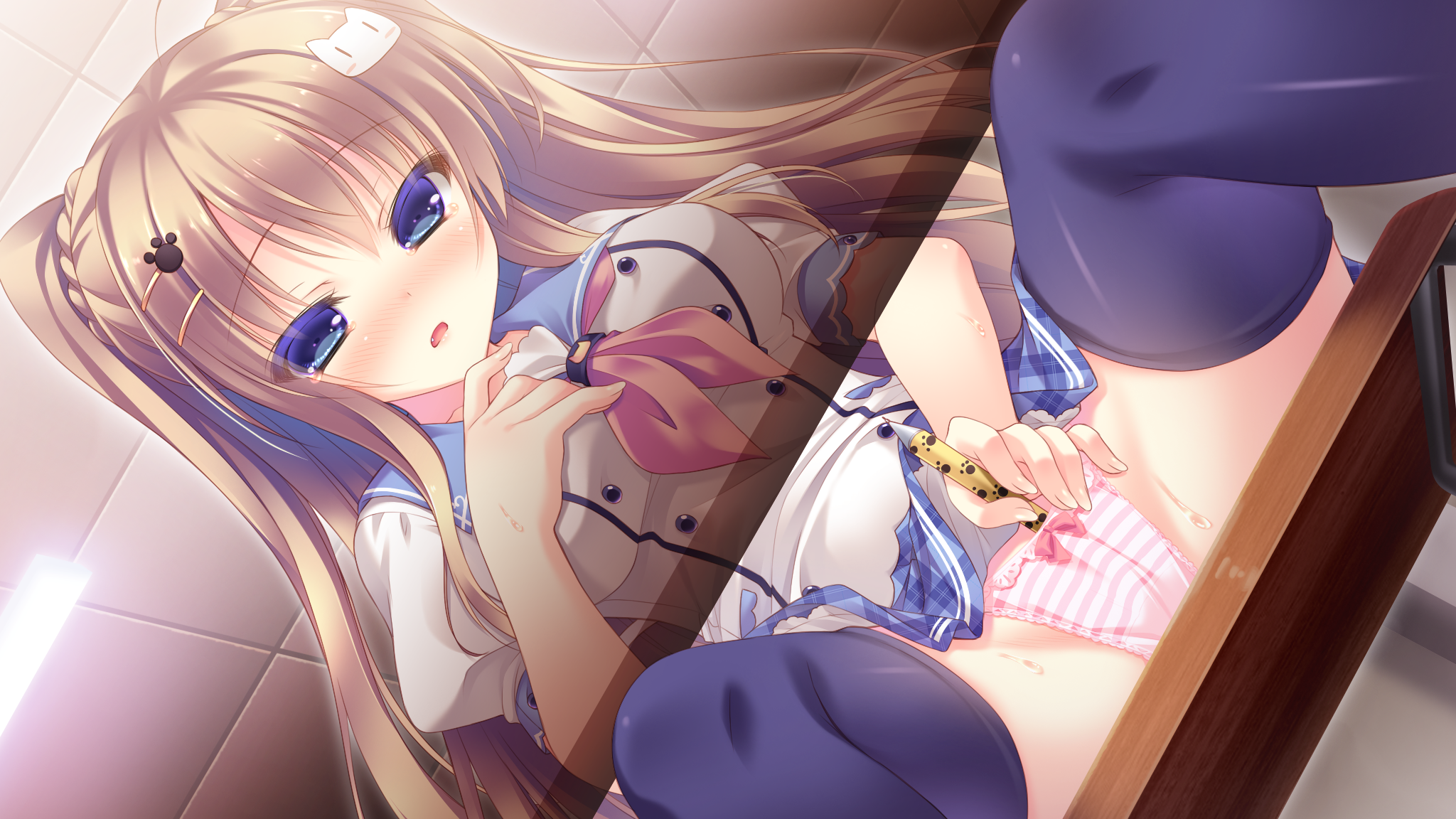 skyfish, nekomori mike, nyan cafe macchiato, game cg, blush, brown hair, long hair, masturbation, panties, seifuku, striped, striped panties, thighhighs, underwear, yukie, 